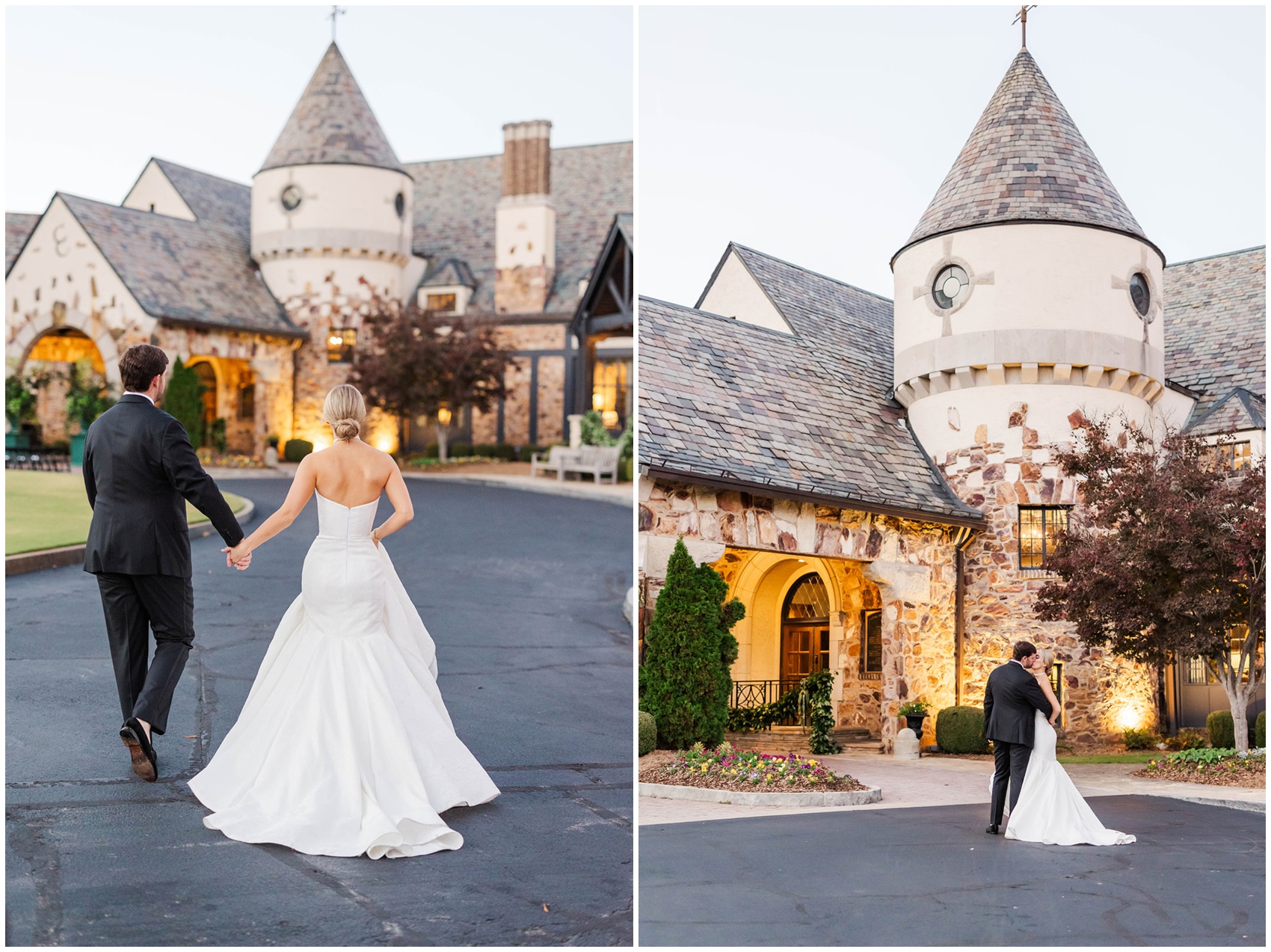 A bride and groom walk the driveway holding hands and kiss under the turret of the Capital City Country Club Atlanta