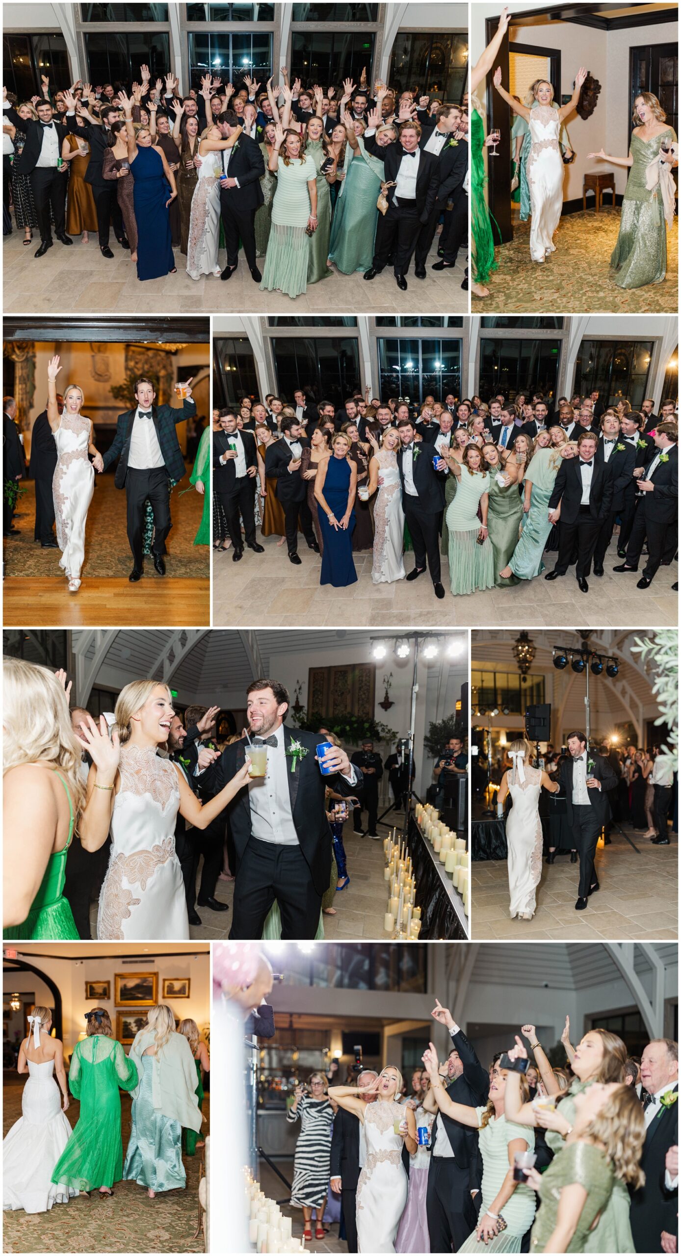 A collage of a large wedding celebration in a ballroom with tall windows