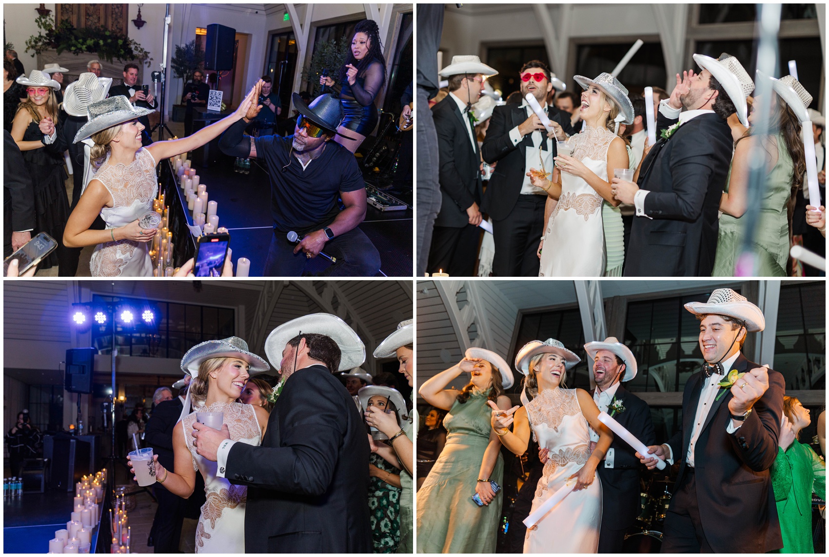 A collage of a bride and groom happily dancing in cowboy hats on the dance floor surrounded by guests