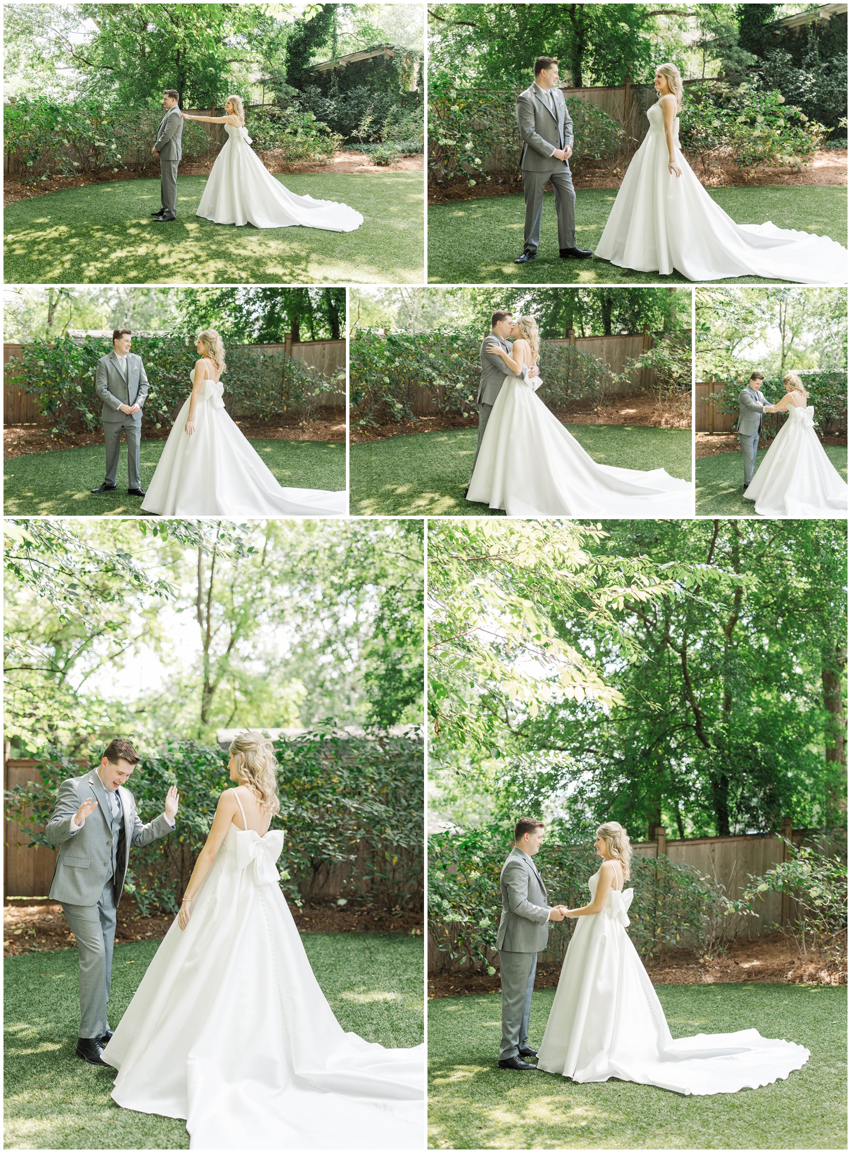 A groom is in shock as he sees his bride in the Kimball Hall wedding gardens during their first look