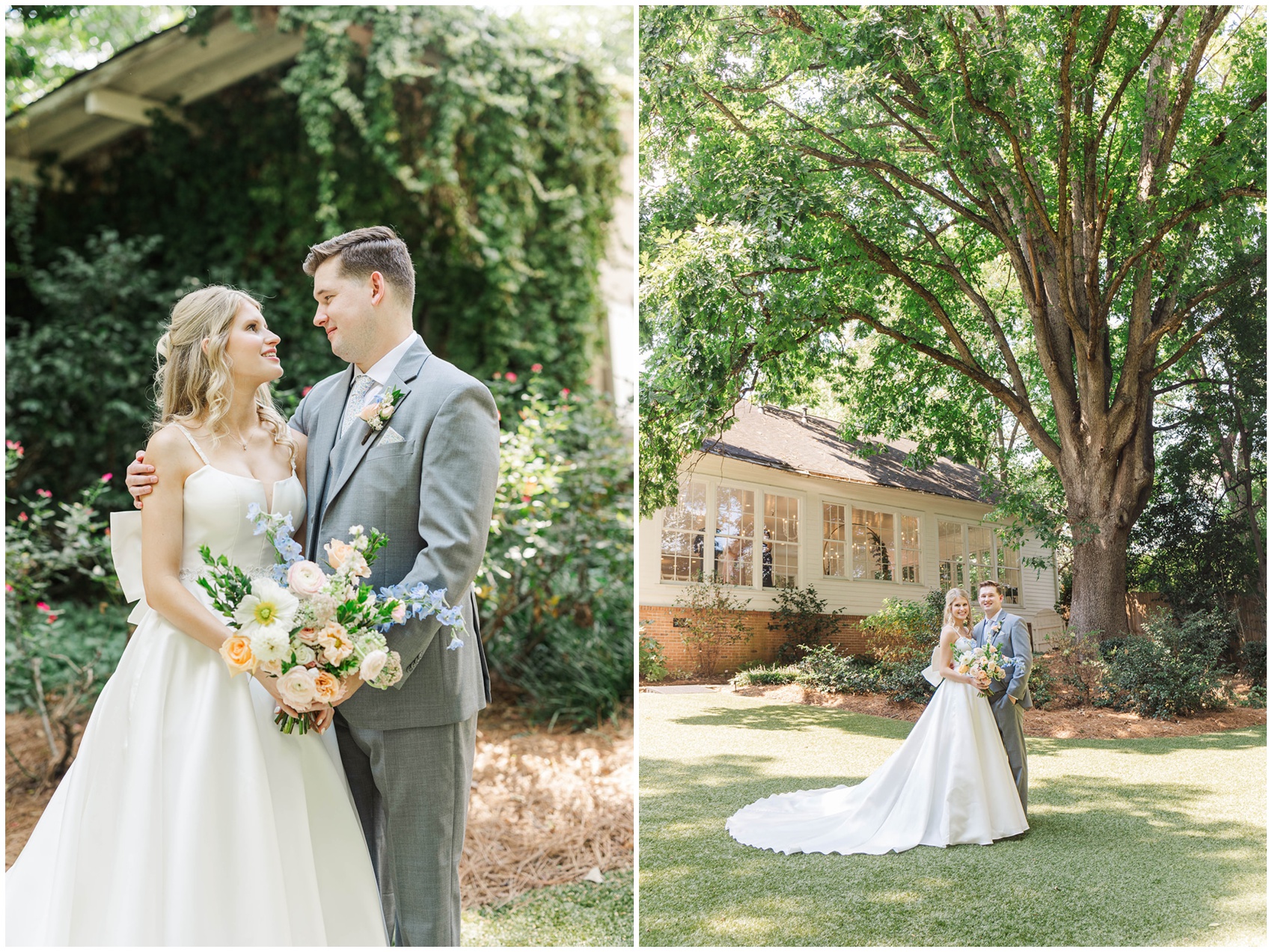 Newlyweds snuggle and smile at each other in the gardens of their venue