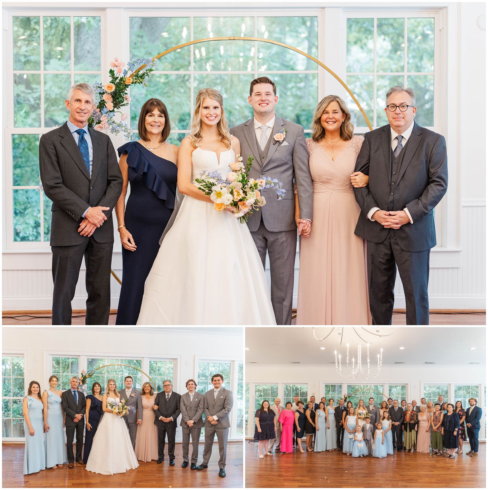 A few images of newlyweds smiling with their families in the Kimball Hall wedding venue