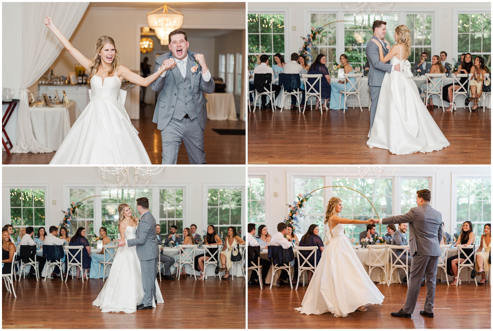 Newlyweds share their first dance as guests look on