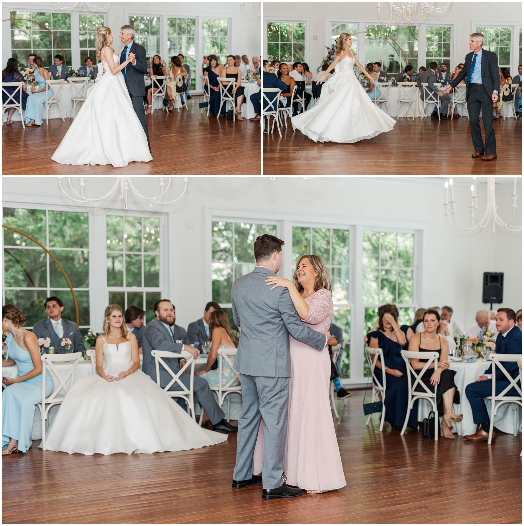 Multiple images of a bride dancing with dad as the groom dances with mom at their Kimball Hall wedding reception