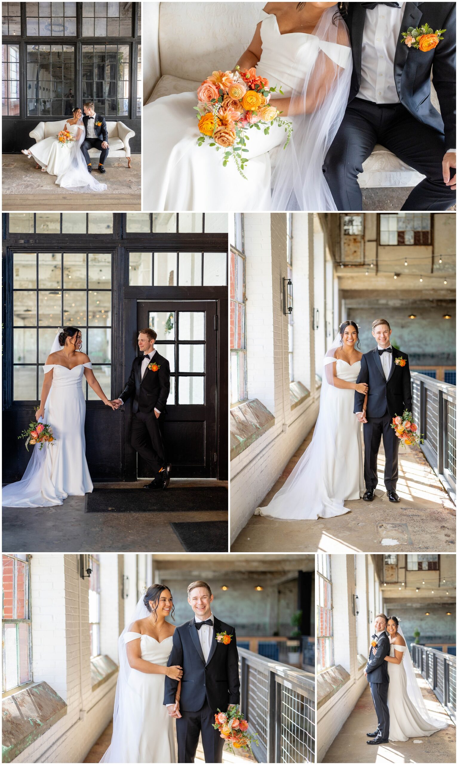 A bride and groom wonder and lounge around in the Lindale Mill wedding venue