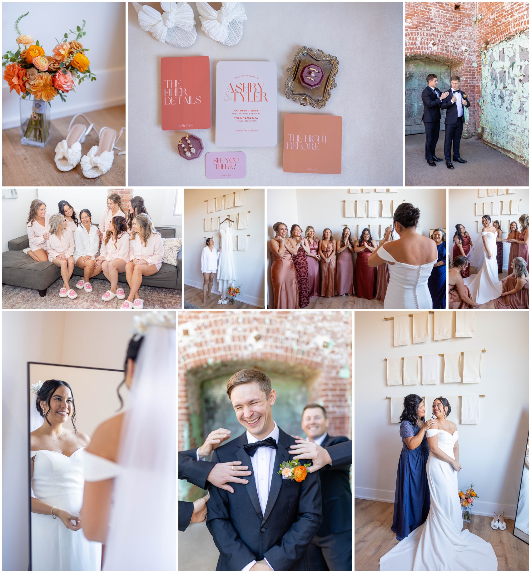 Bridal details with images from the bride and groom getting ready with their parties