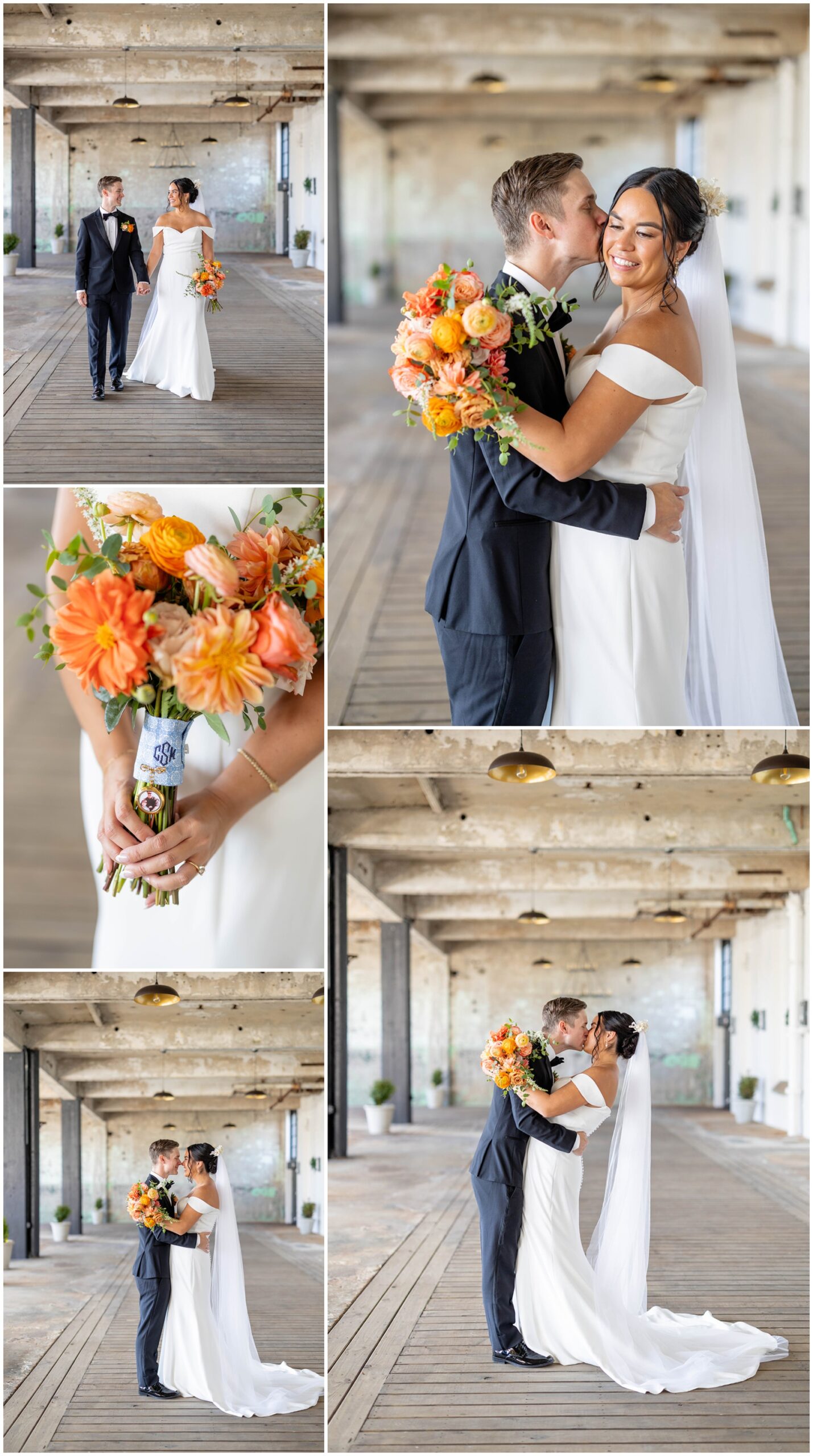 Newlyweds kiss and boop noses while holding a colorful bouquet at their Lindale Mill wedding
