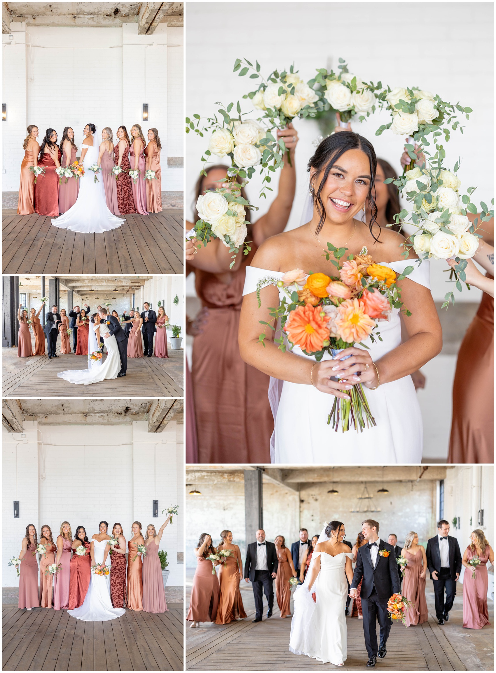 A happy bride smiles with her bridesmaids and their bouquets at her Lindale Mill wedding