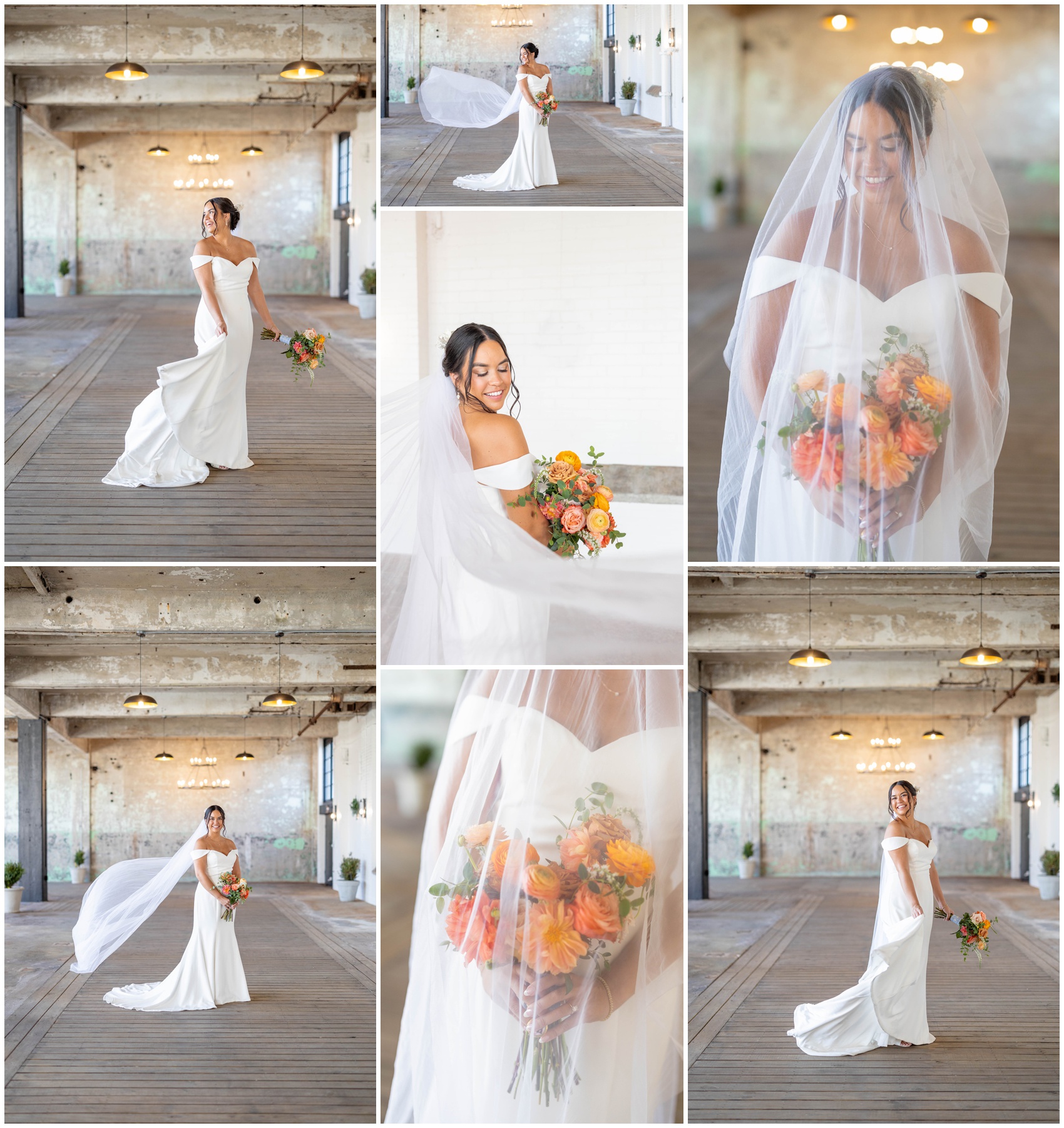 A collage of a bride twirling and admiring her dress in the industrial rustic Lindale Mill wedding venue