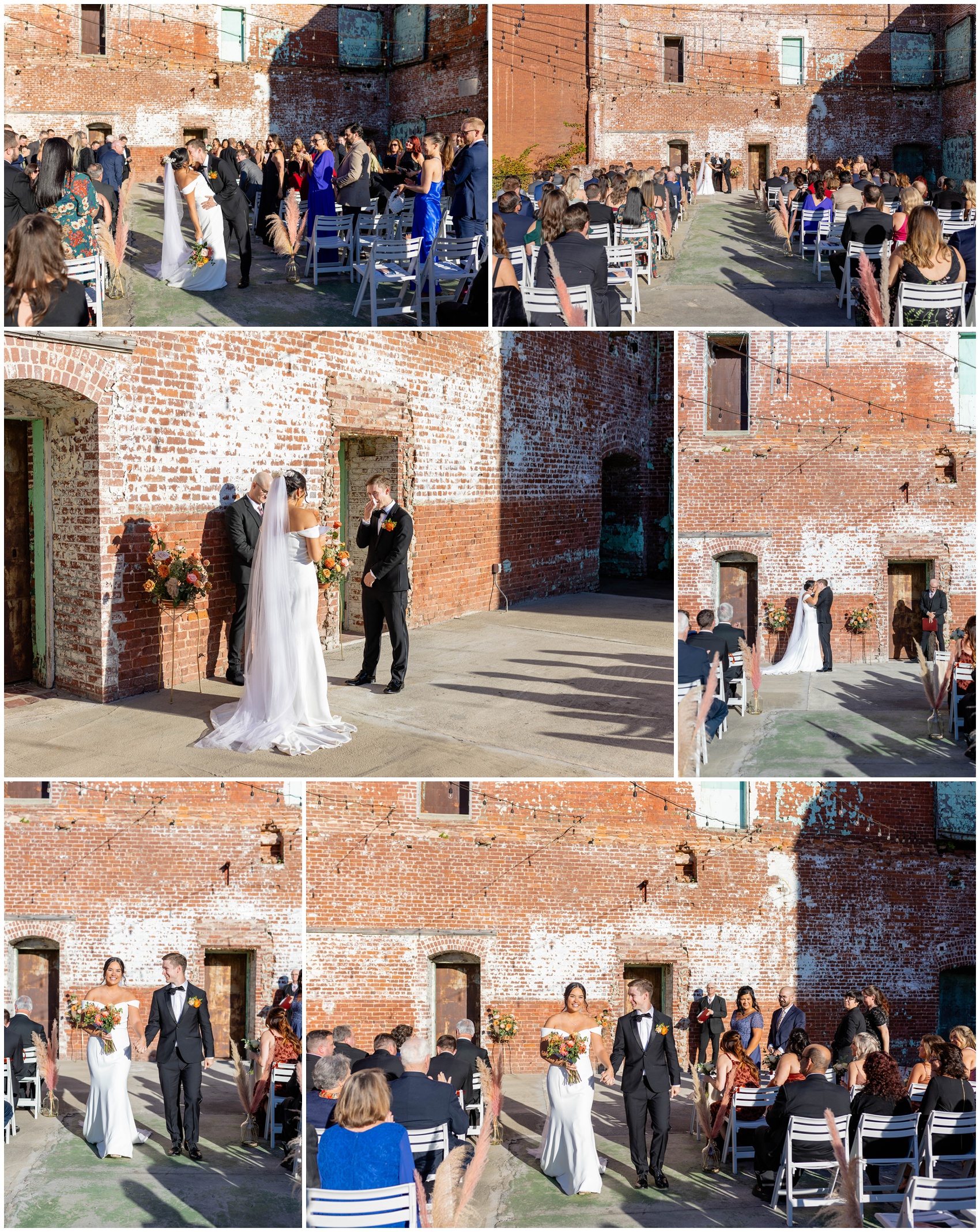 Scenes from a Lindale Mill wedding ceremony against the brick building under market lights