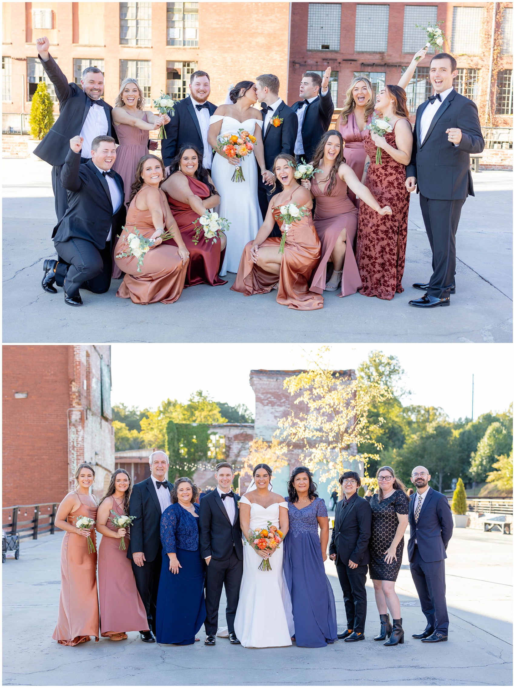 A bride and groom kiss while their wedding party cheers around them above them standing with family