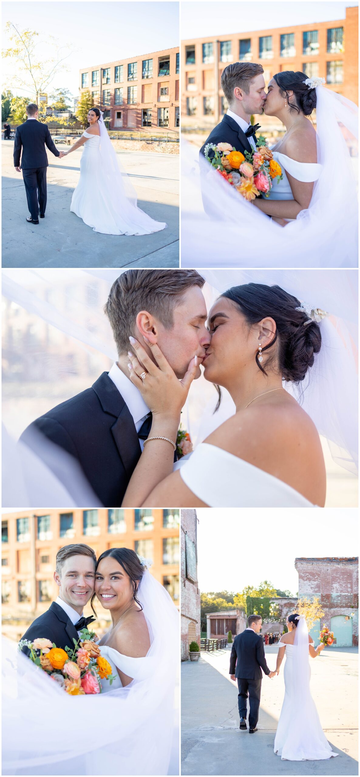 Newlyweds kiss on the street while holding a colorful bouquet as the veil flows around them during their Lindale Mill wedding