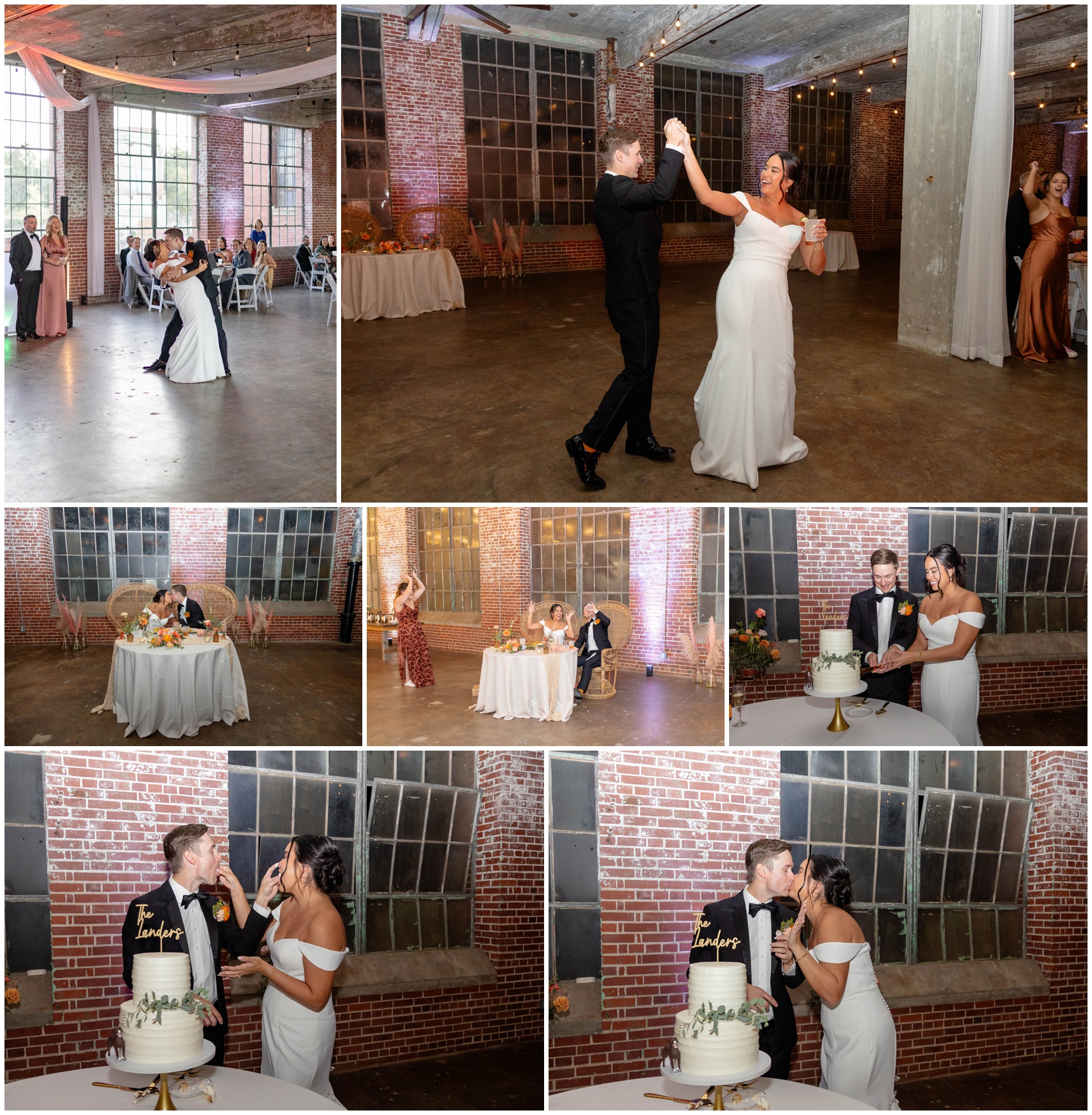 A bride and groom dance, kiss at their head table and cut the cake during their Lindale Mill wedding