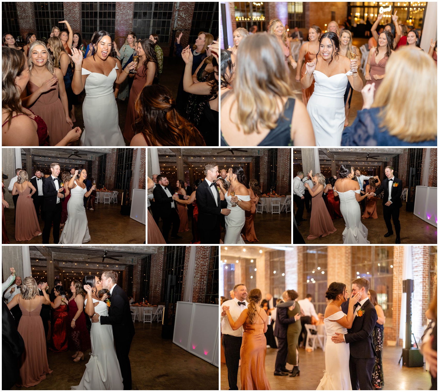 A collage of images of a happy newlywed couple dancing throughout a wedding receptions surrounded by guests at their Lindale Mill wedding