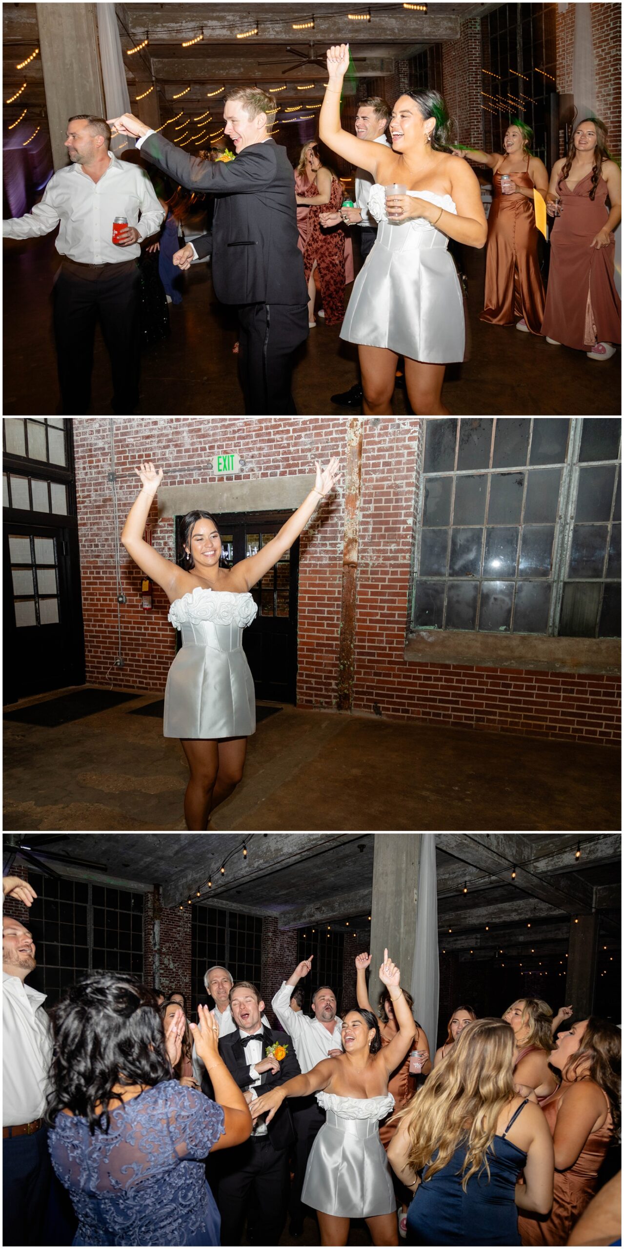 A collage of images of a bride dancing during her reception