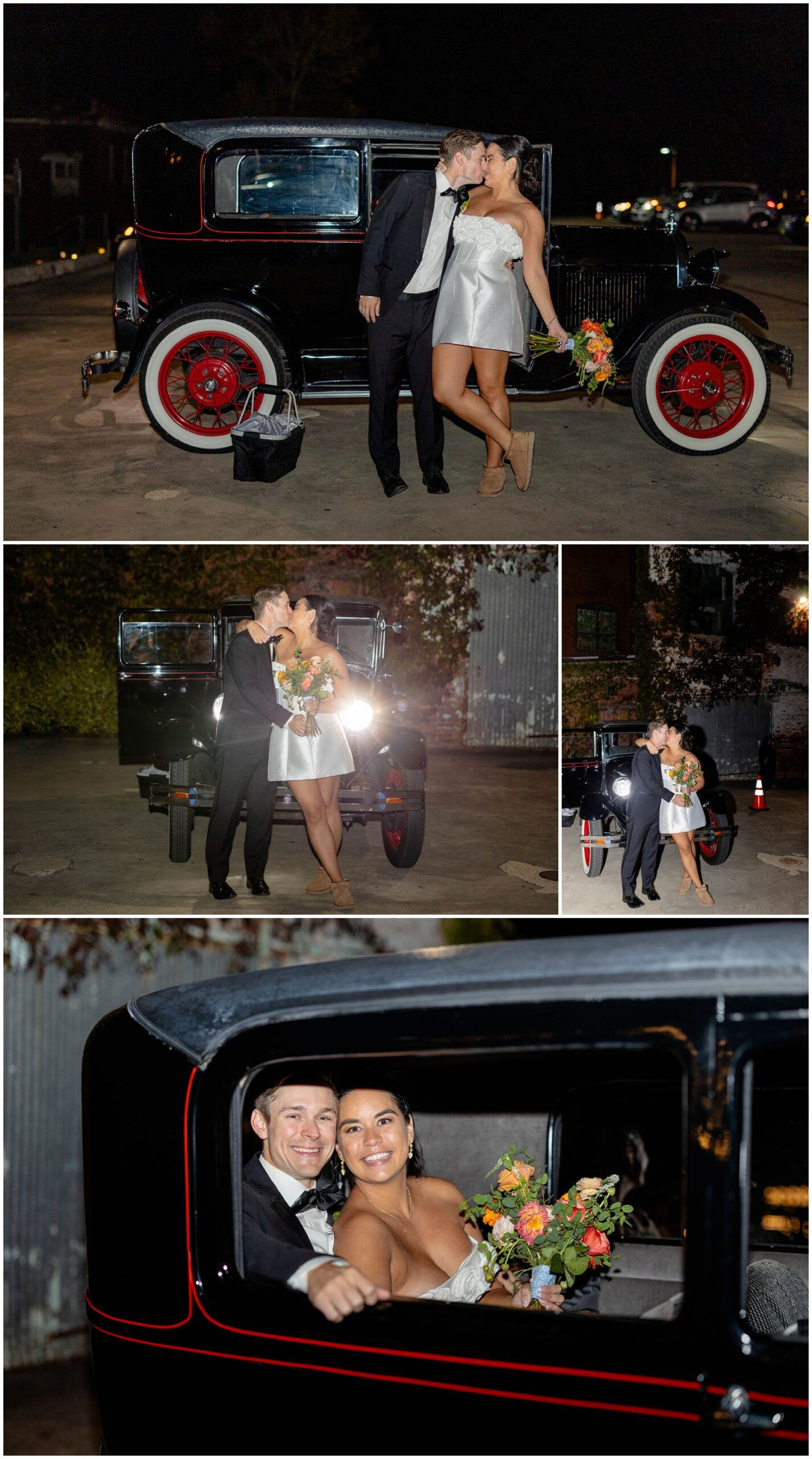 A newlywed couple kisses and smiles while leaning on an antique car