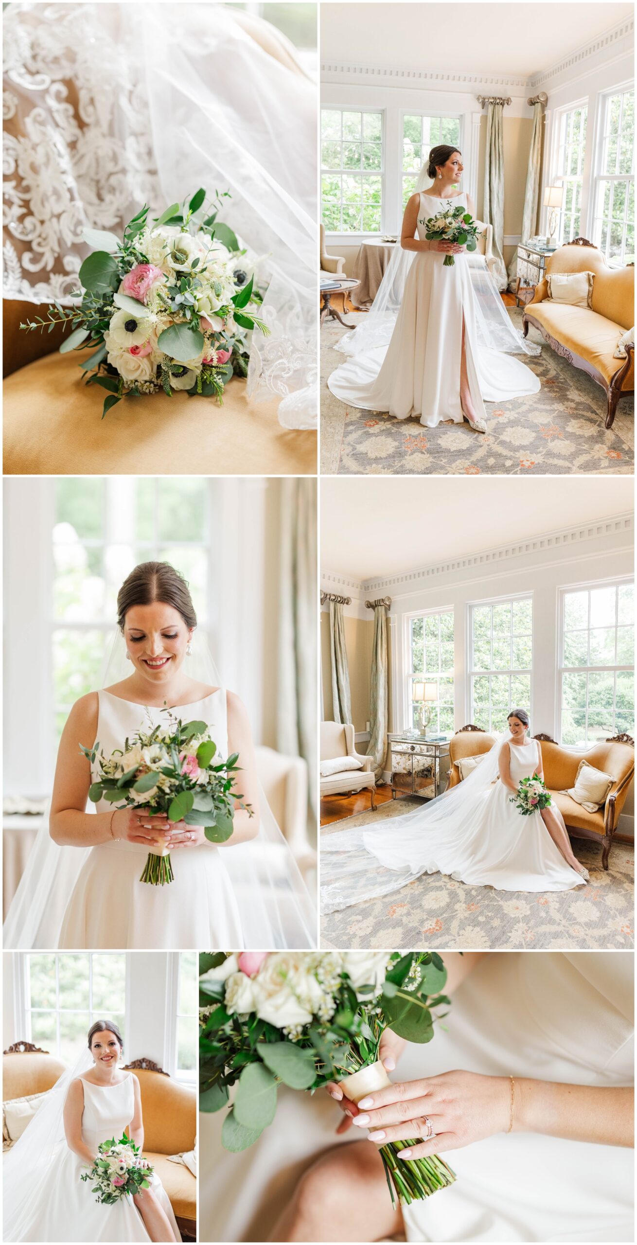 A smiling bridal collage holding her bouquet in the getting ready room standing and sitting on vintage couch
