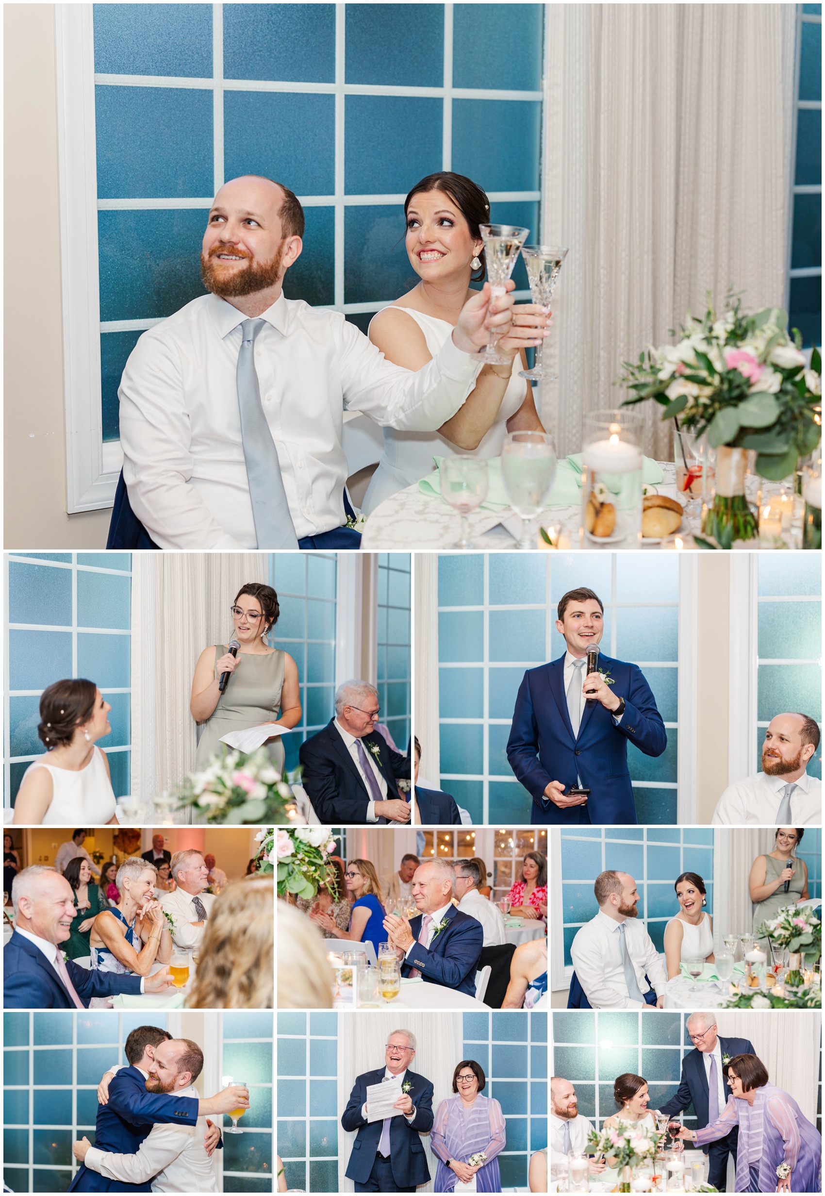 A collection of images from toasts during a wedding reception with bride and groom at their head table