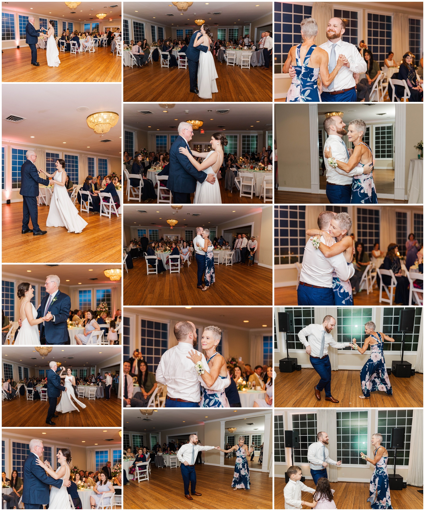 A collage of images from a Naylor Hall wedding reception of the first dances with mom and dad