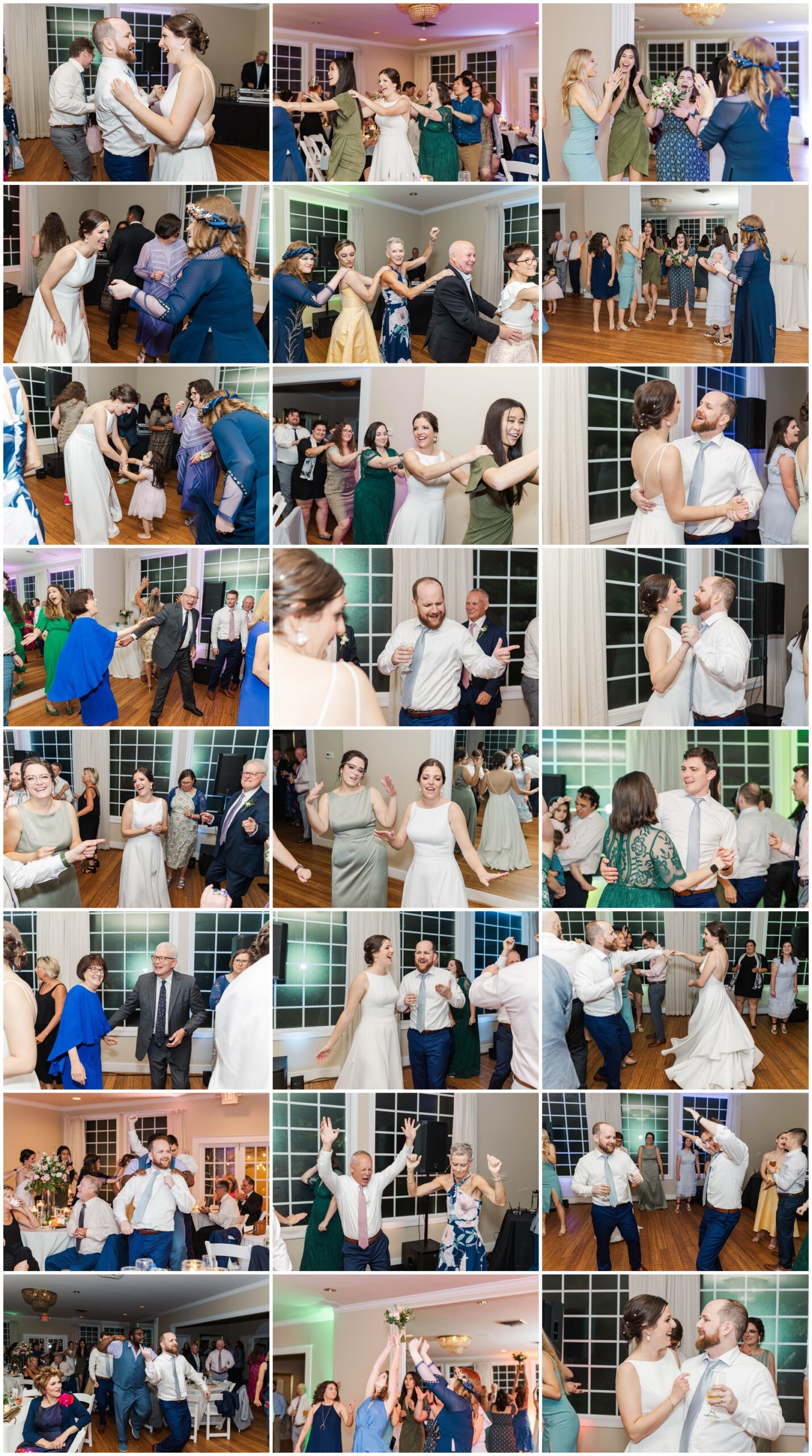 A collage of images of newlyweds dancing throughout their reception with guests