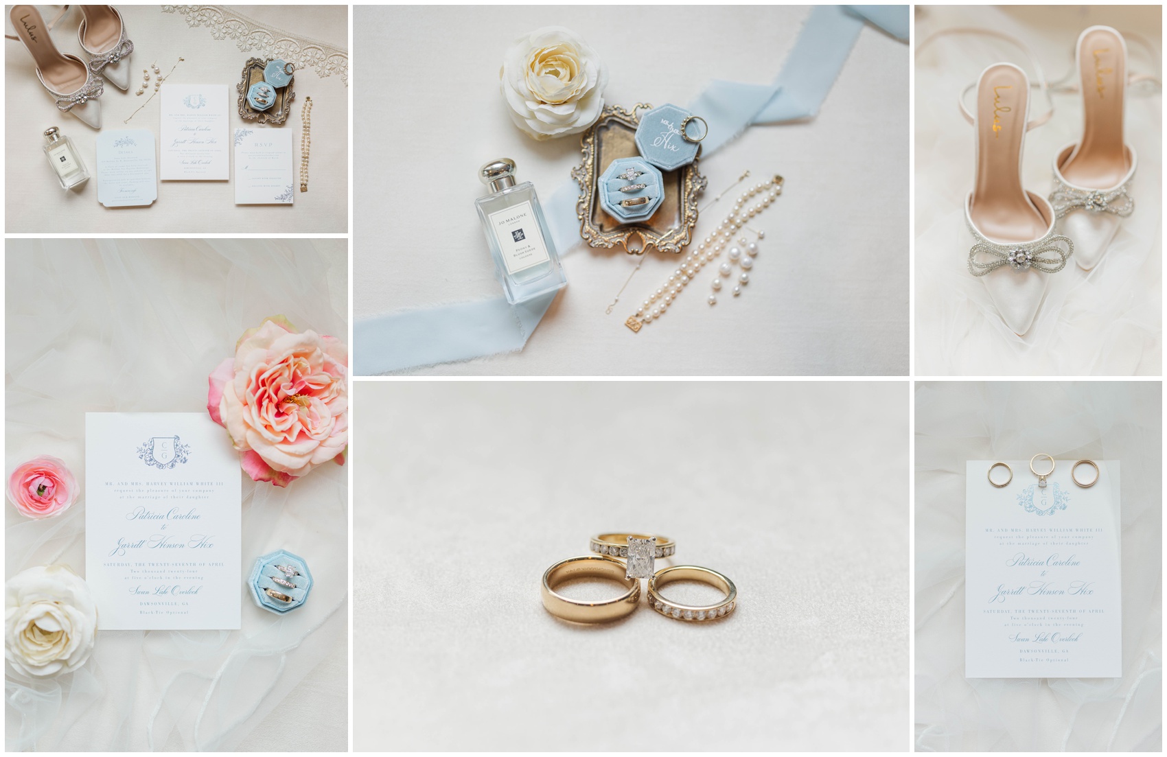 BRidal details of rings, shoes and perfume on a bed