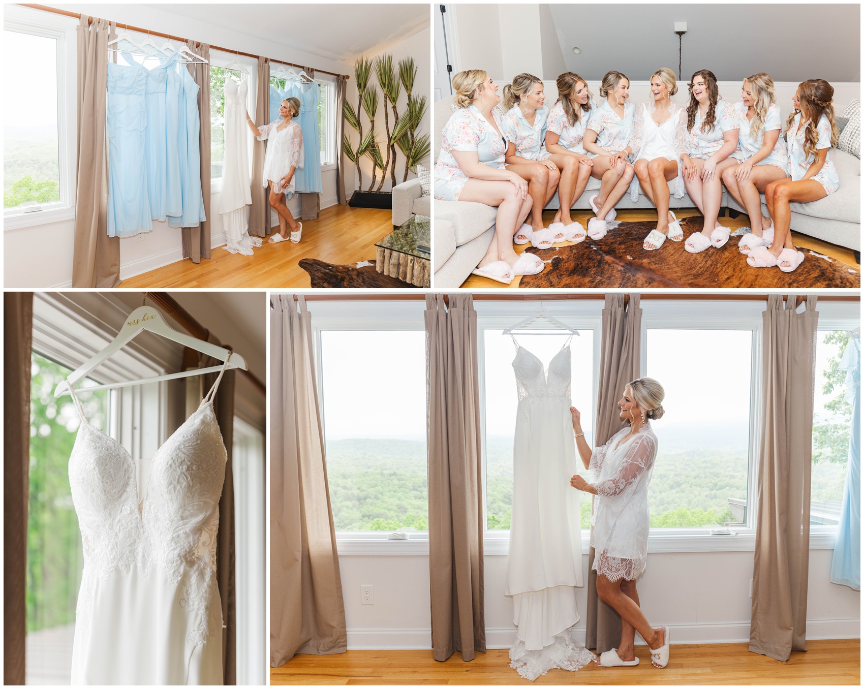 A bride admires her gown hanging in a window and sits with bridesmaids in matching pajamas on a couch laughing before her Swan Lake Overlook Wedding