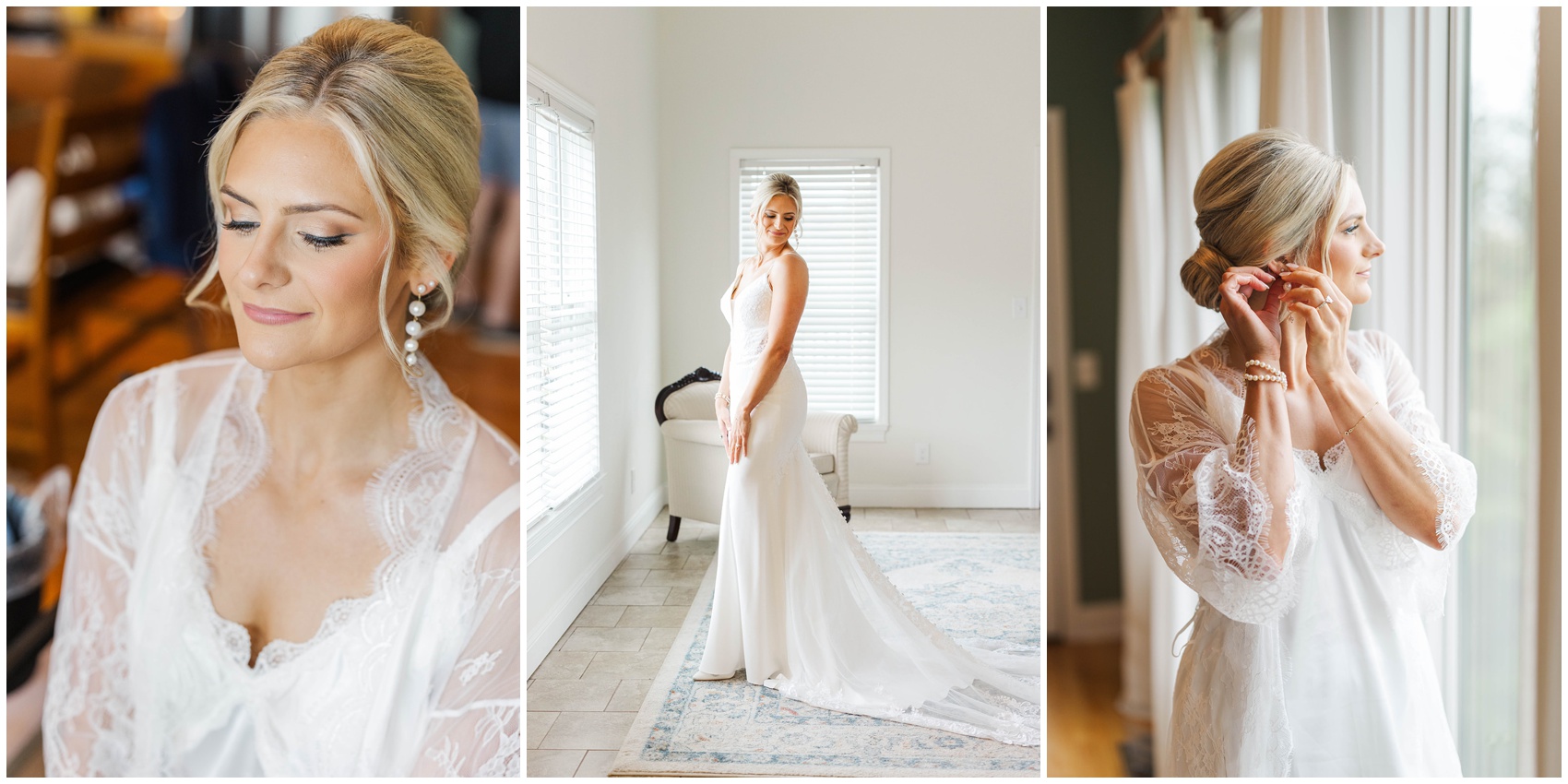 A bride puts on earrings in a window and admires her train in a window while getting ready for her Swan Lake Overlook Wedding