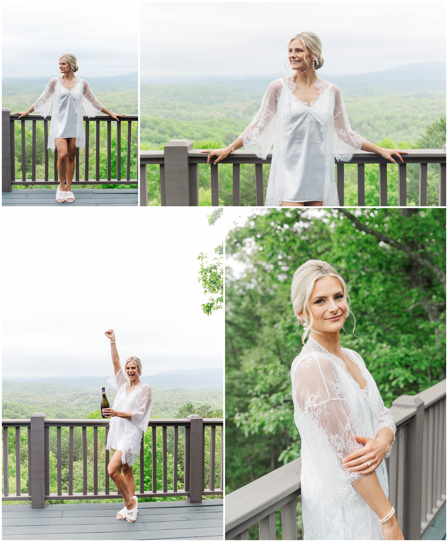 A bride leans on a balcony railing in a silk and lace pajama set before her Swan Lake Overlook Wedding