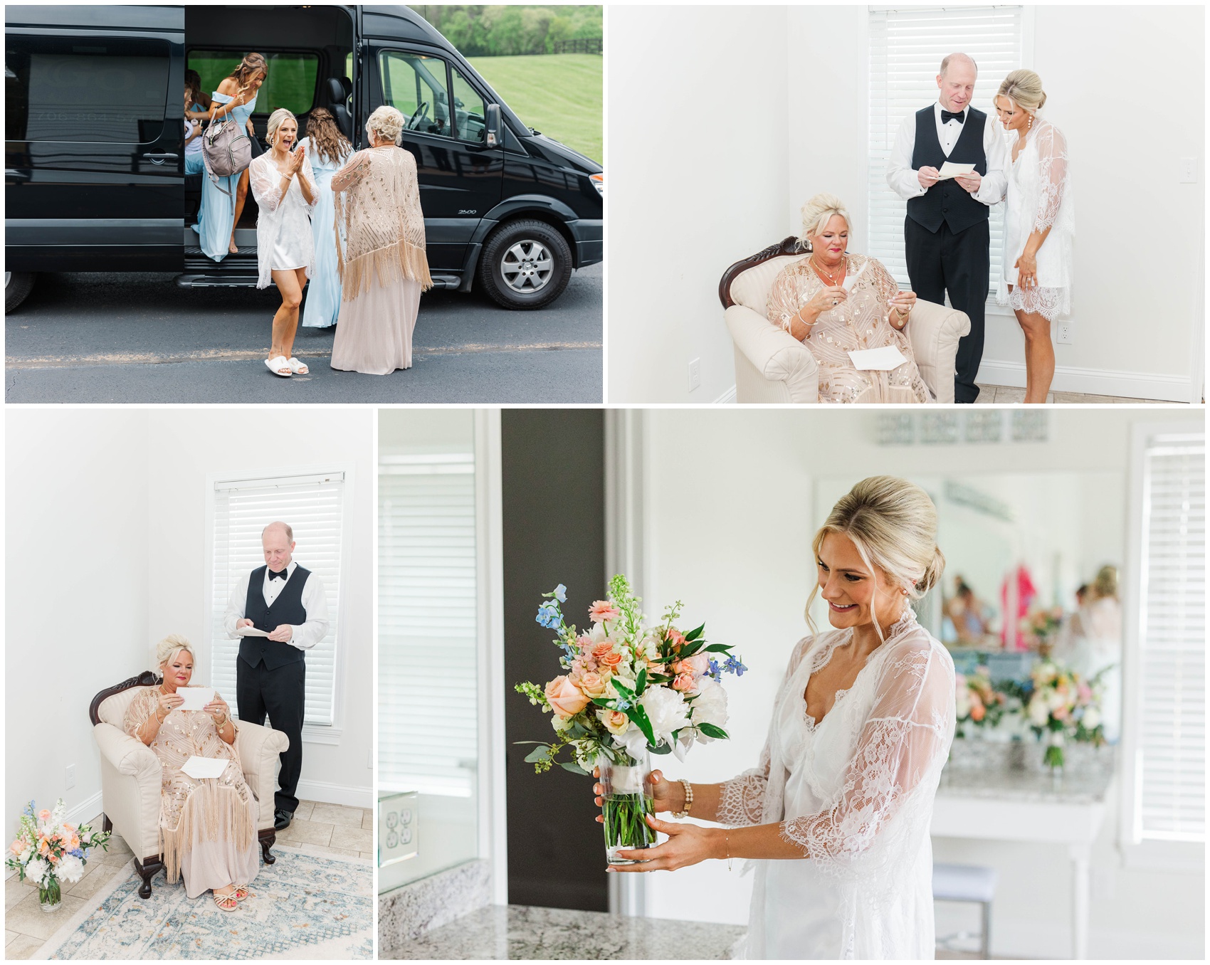 A mother and bride arrive at the venue and exchange gifts in the getting ready room
