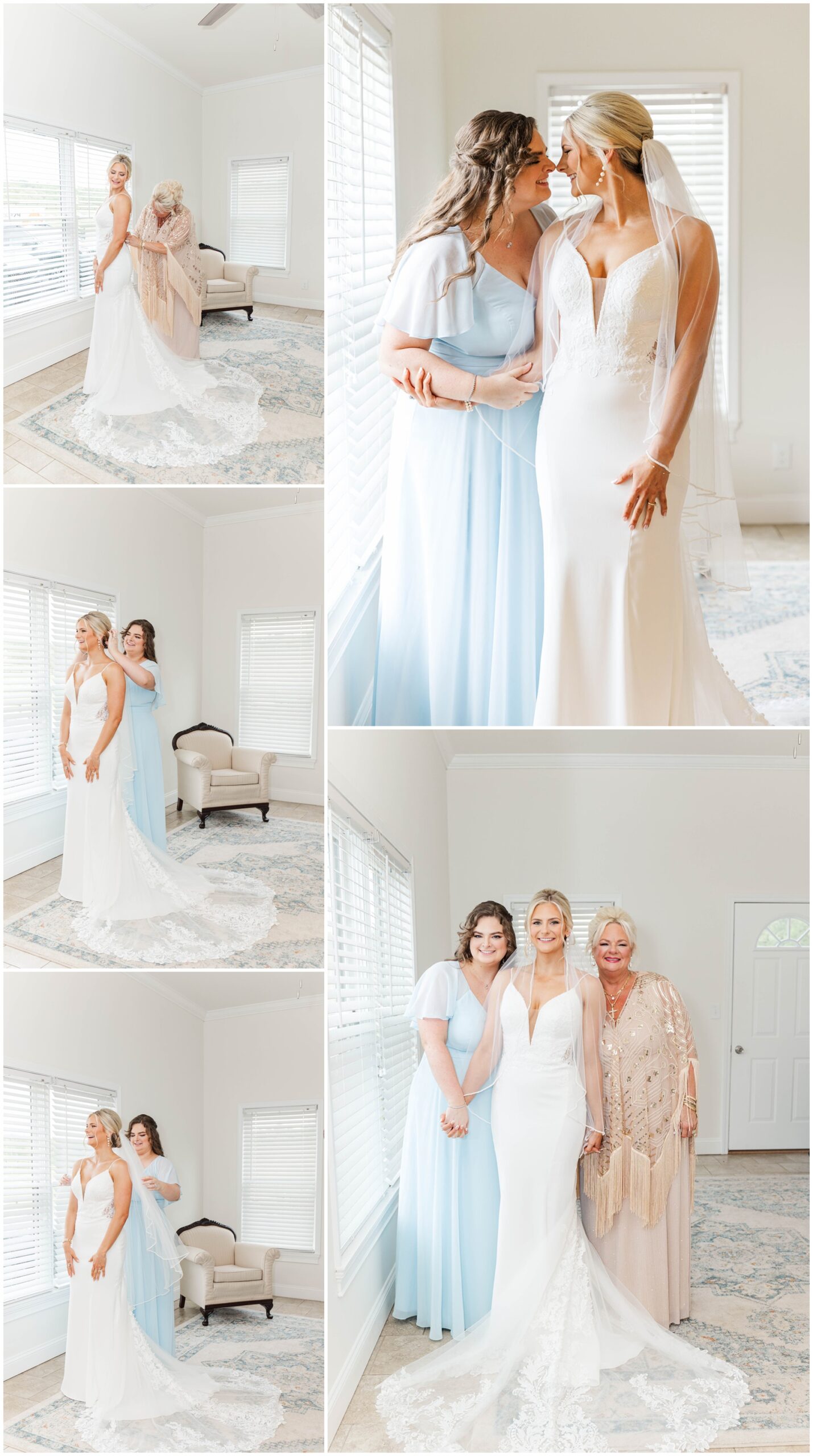 A bride is helped getting ready by mom and sister in a large window