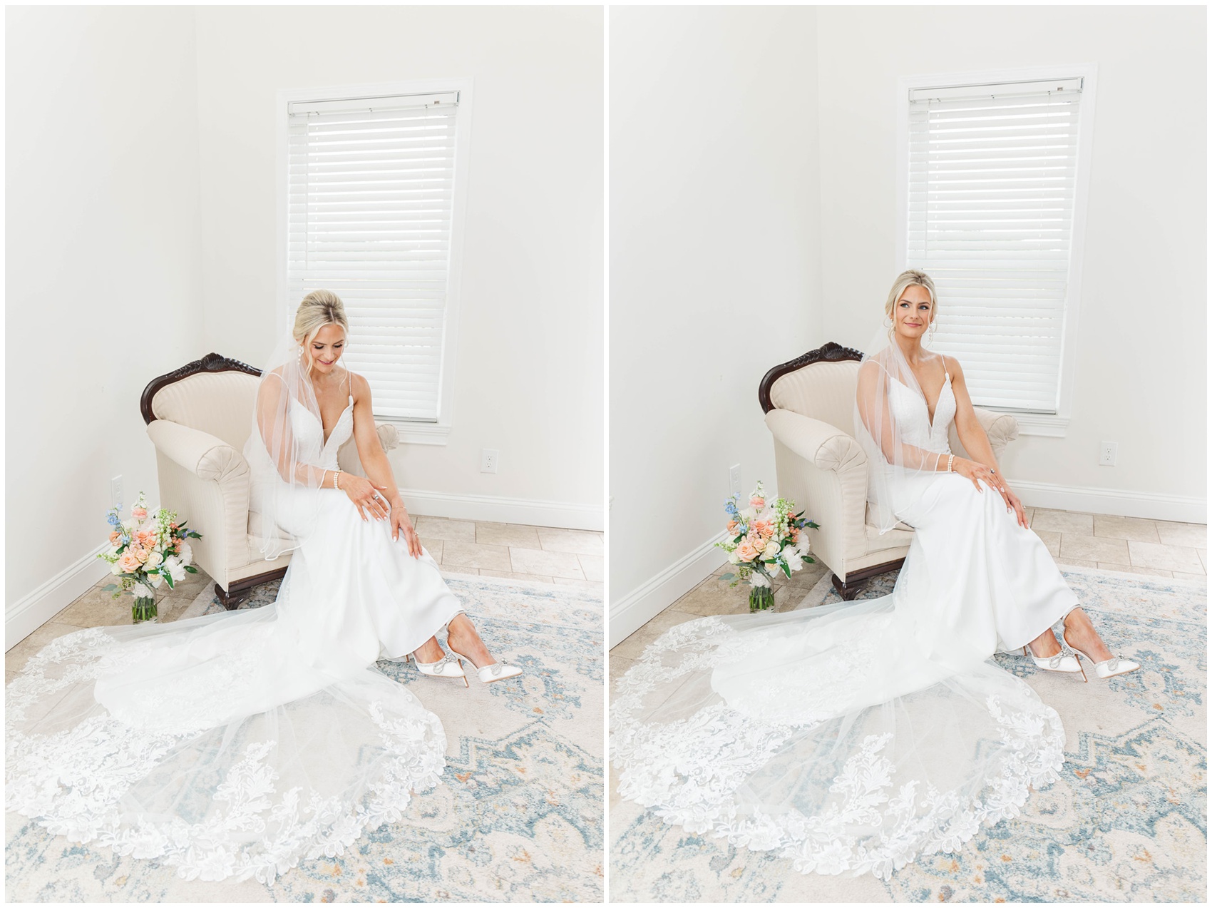 A proud bride sits smiling in a vintage chair while getting ready with trail and veil spread beside her