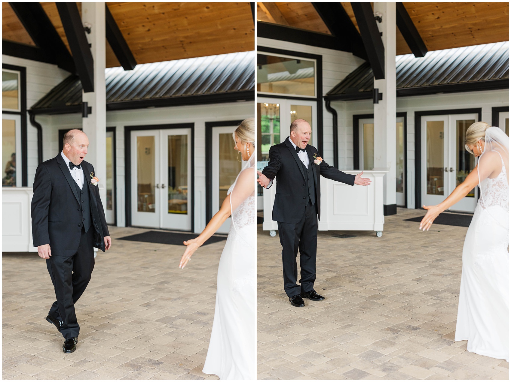 A stunned father sees his daughter in her wedding dress during a first look and welcomes her with open arms