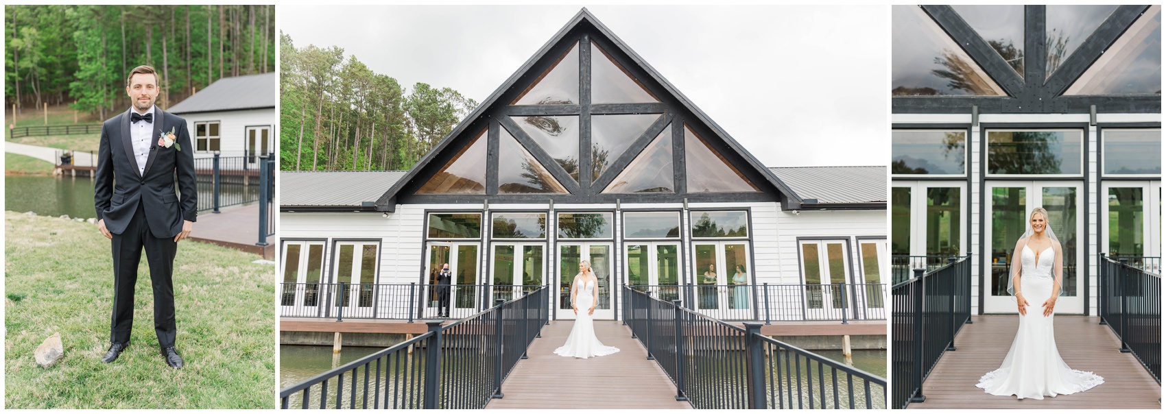 A bride stands smiling in her gown on the bridge at the back entrance to her Swan Lake Overlook Wedding