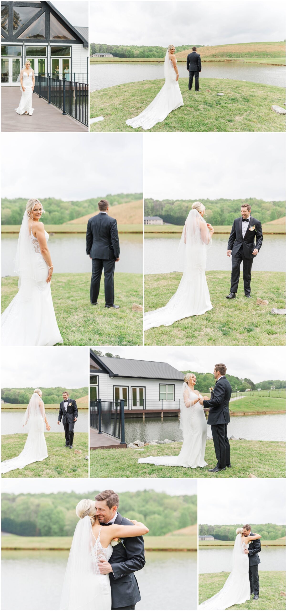 A bride approaches her groom for their joyful first look at their Swan Lake Overlook Wedding