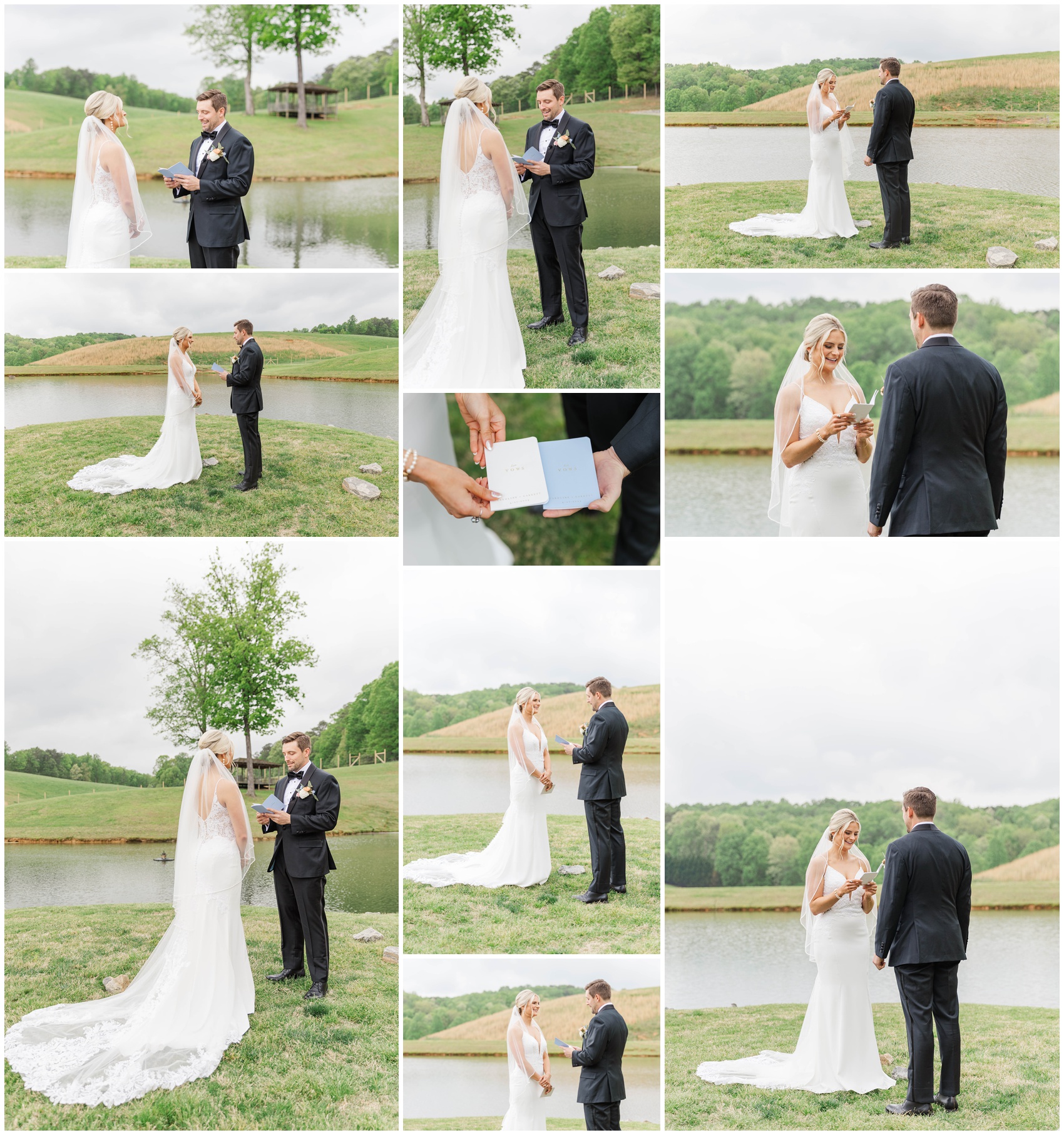 Newlyweds reading letters to each other by a pond during their first look