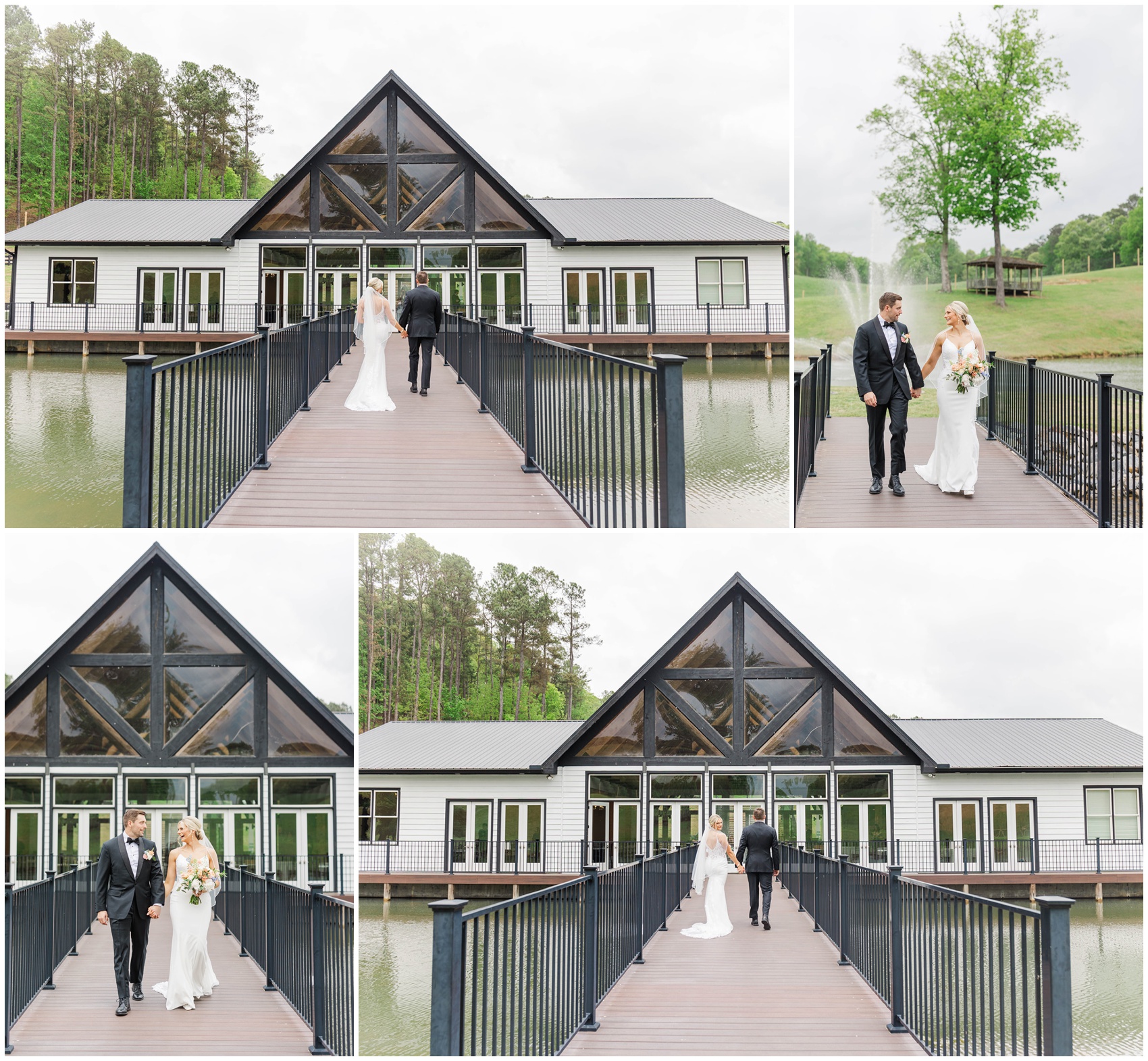 Newlyweds walk over the pond on the beautiful bridge of the Swan Lake Overlook Wedding venue holding hands