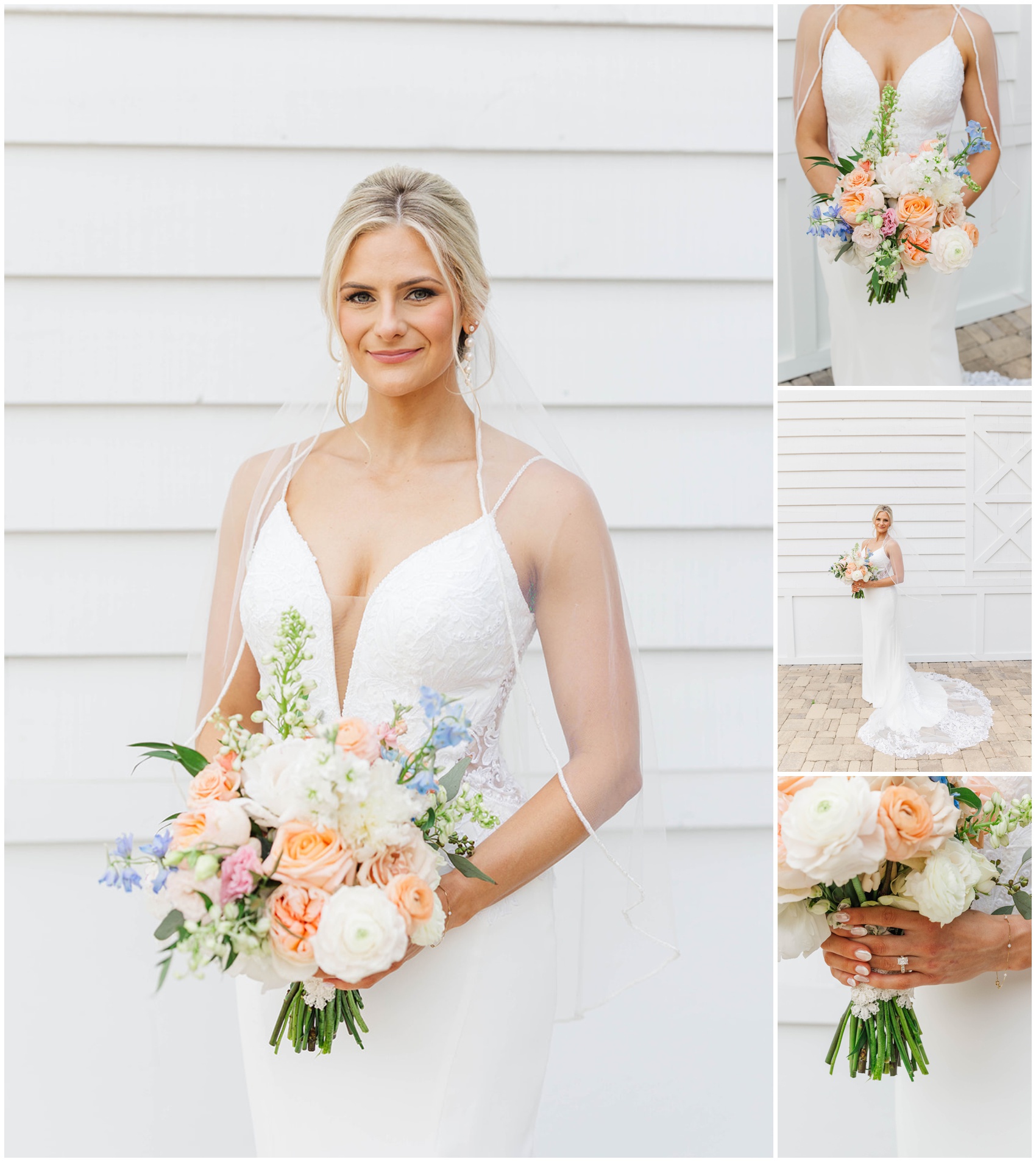 A smiling bride holding her colorful bouquet against a white barn type building at the Swan Lake Overlook Wedding venue