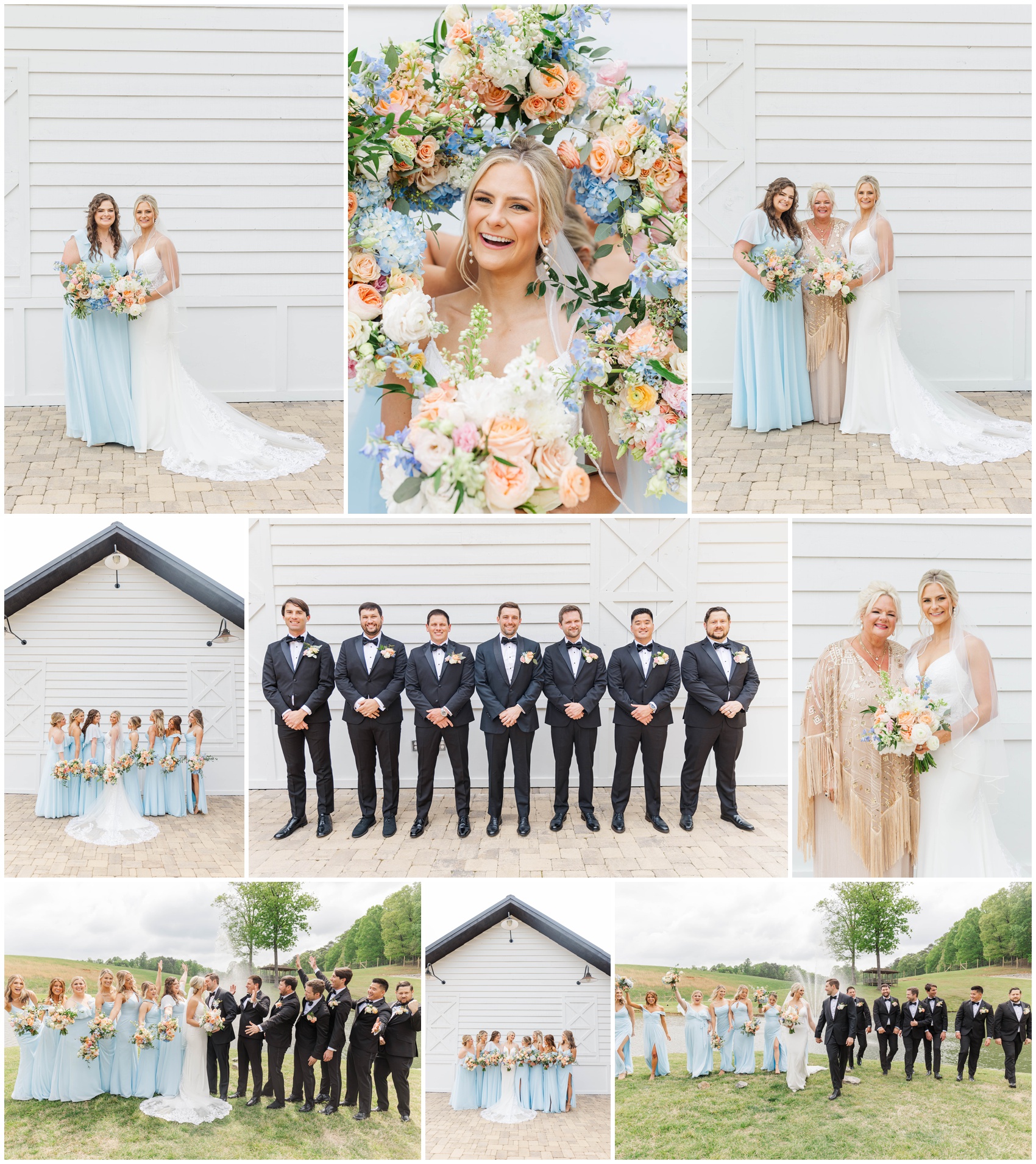 A collage of the bride and groom with their large wedding parties around the grounds
