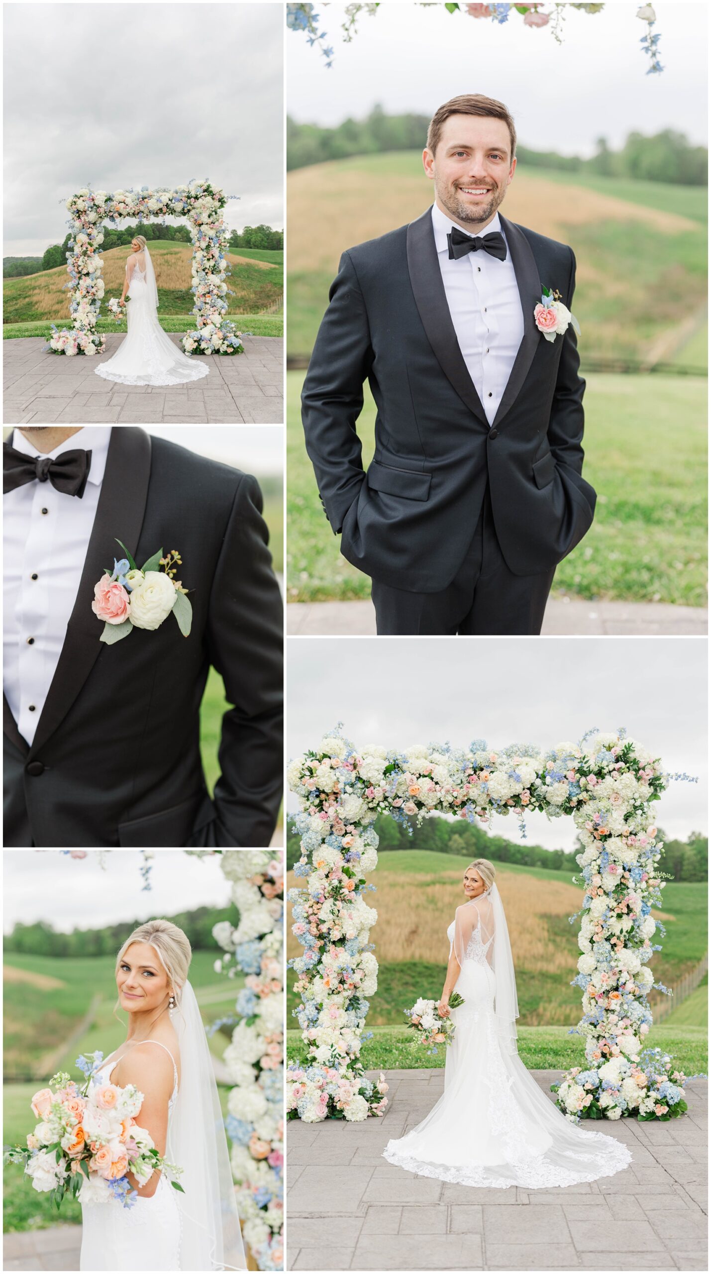 A bride and groom stand around their floral wedding ceremony arch on a stone patio