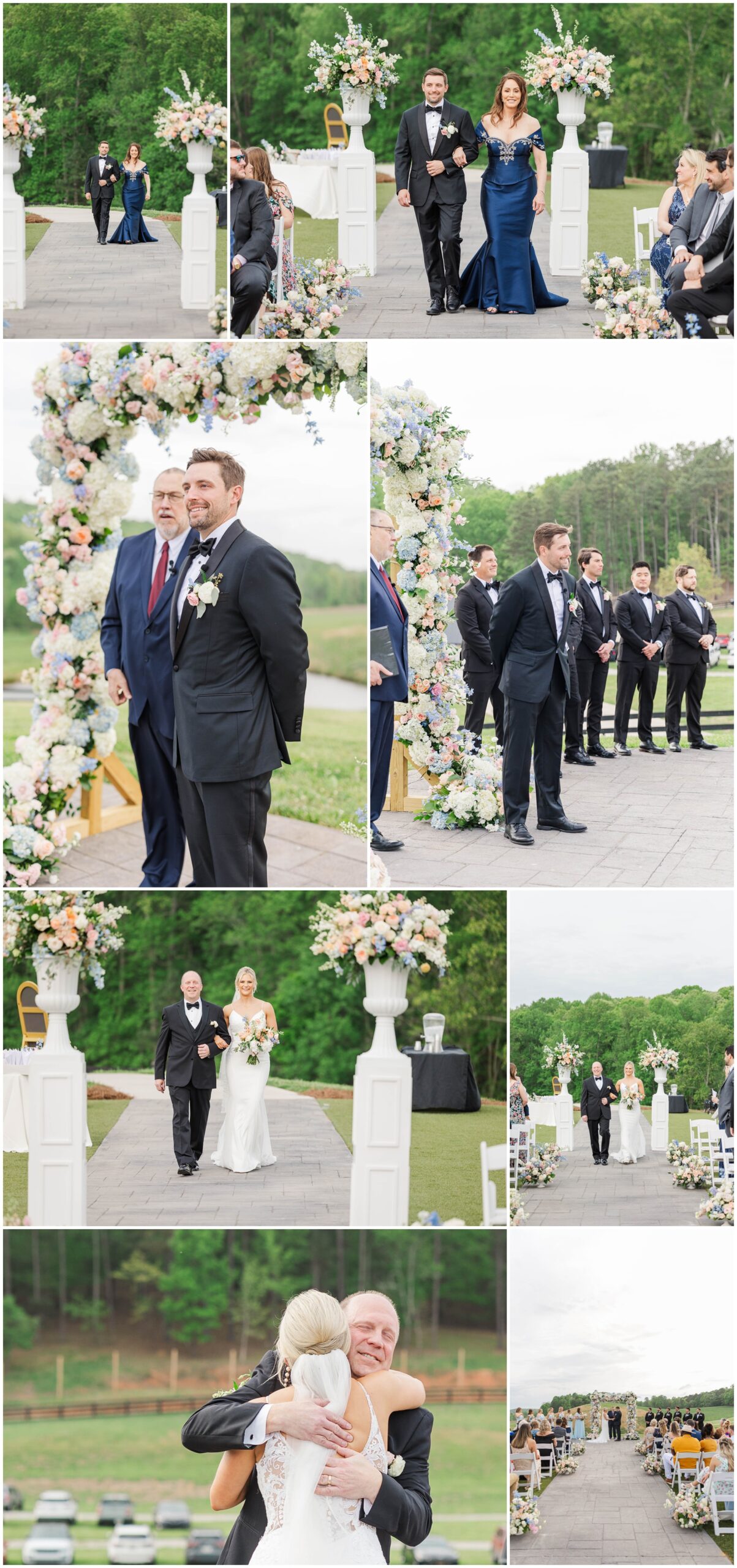 A collection of images from an outdoor wedding ceremony with a floral arch and big smiles