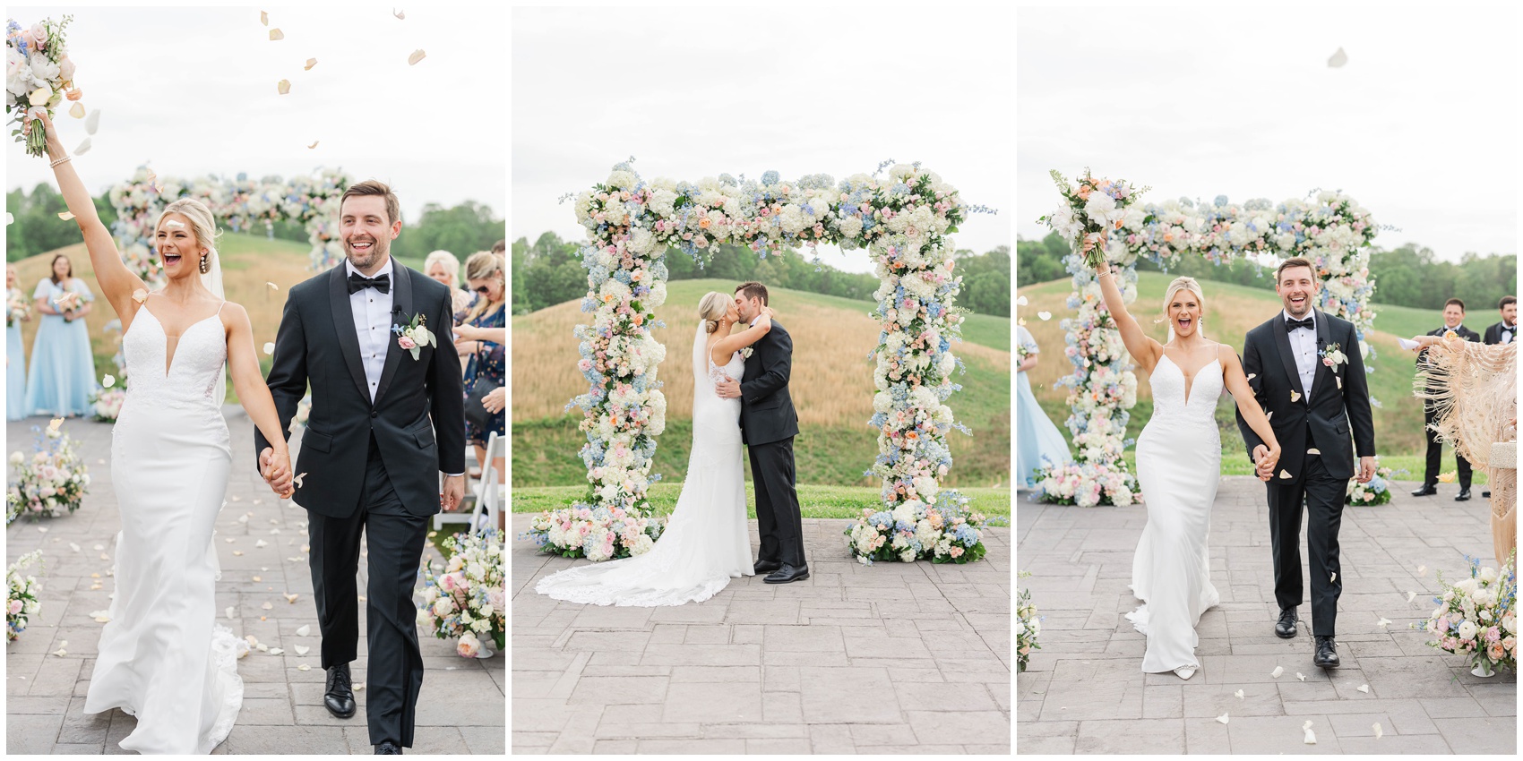A happy bride and groom cheer under a shower of petals to end their Swan Lake Overlook Wedding ceremony