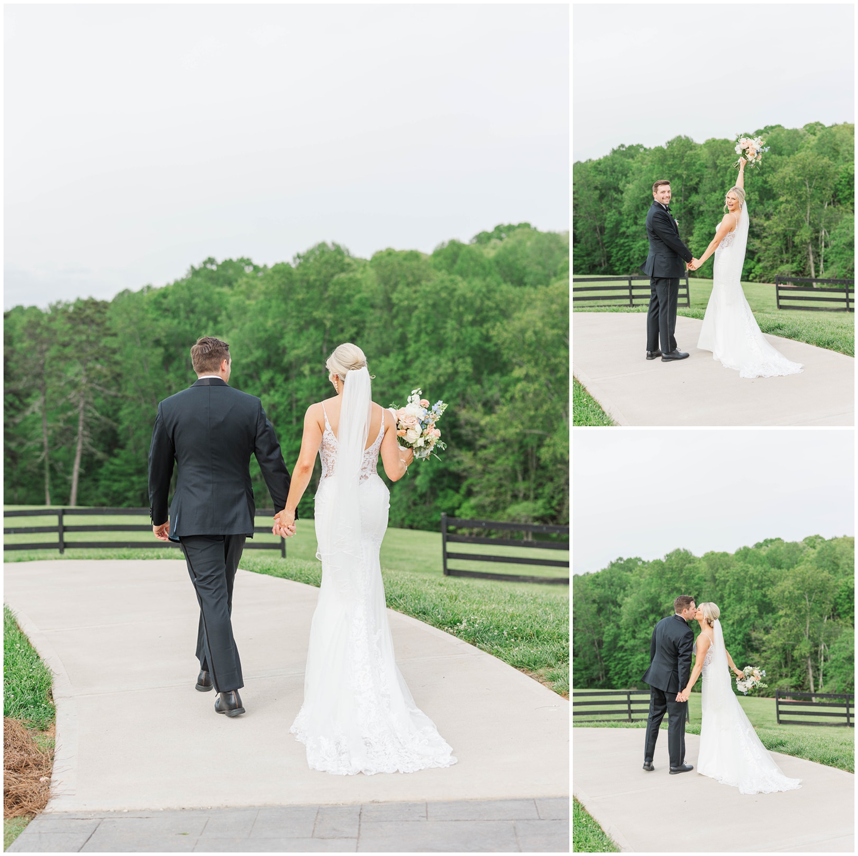 Newlyweds walk a sidewalk turn and celebrate and kiss at the stunning Swan Lake Overlook Wedding venue