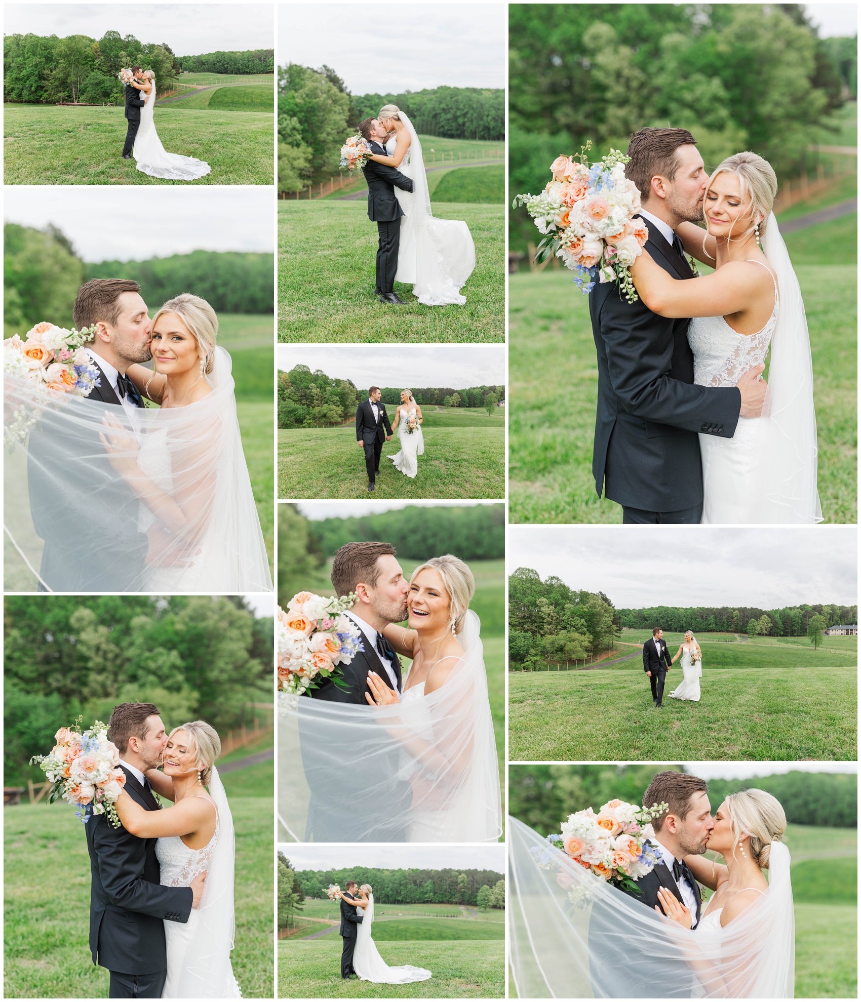 A collage of newlyweds dancing kissing laughing and snuggling during their Swan Lake Overlook Wedding