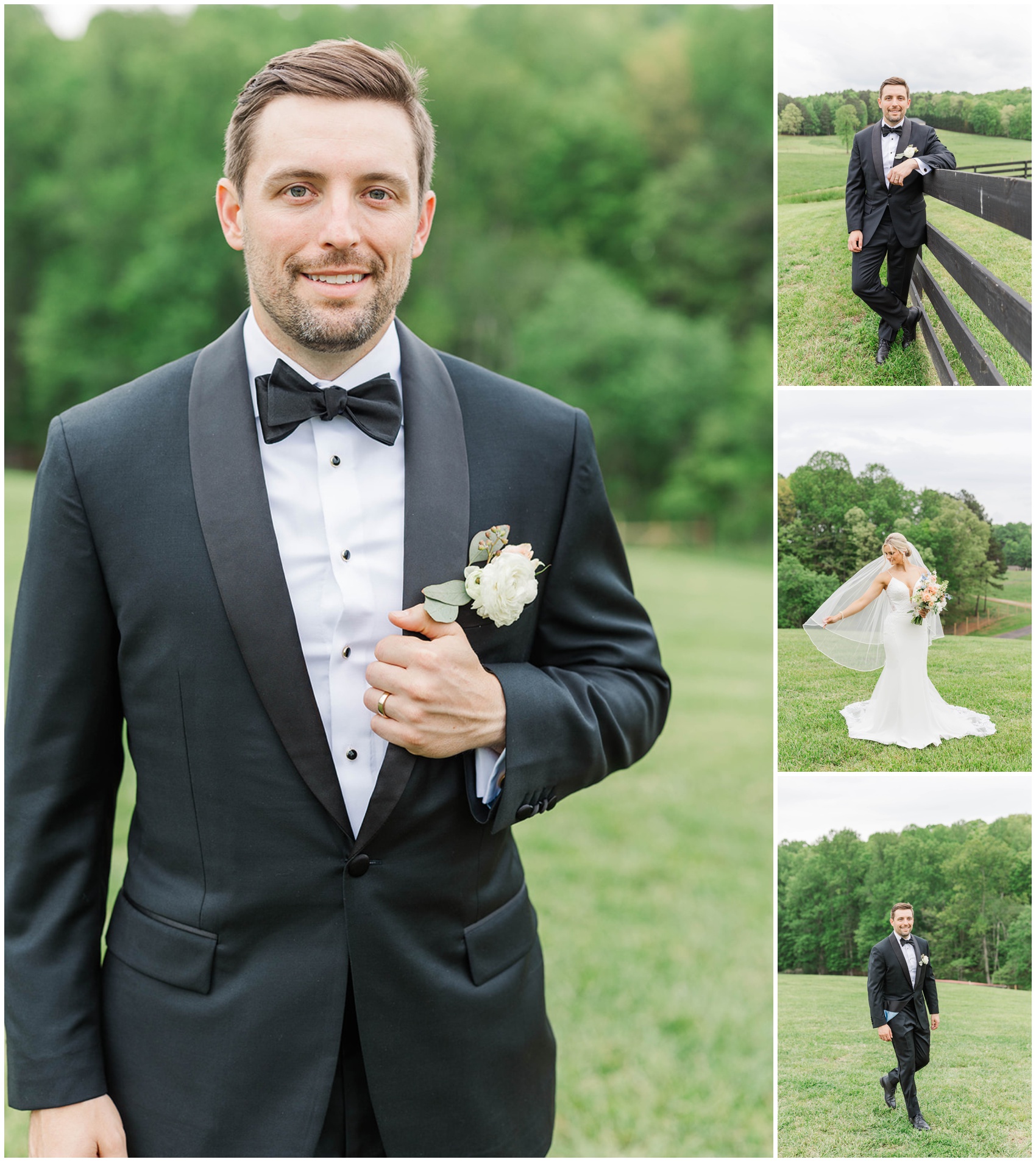 A groom in a black tux with white boutonniere holds his lapel and leans on a fence in a collage at the stunning Swan Lake Overlook Wedding venue