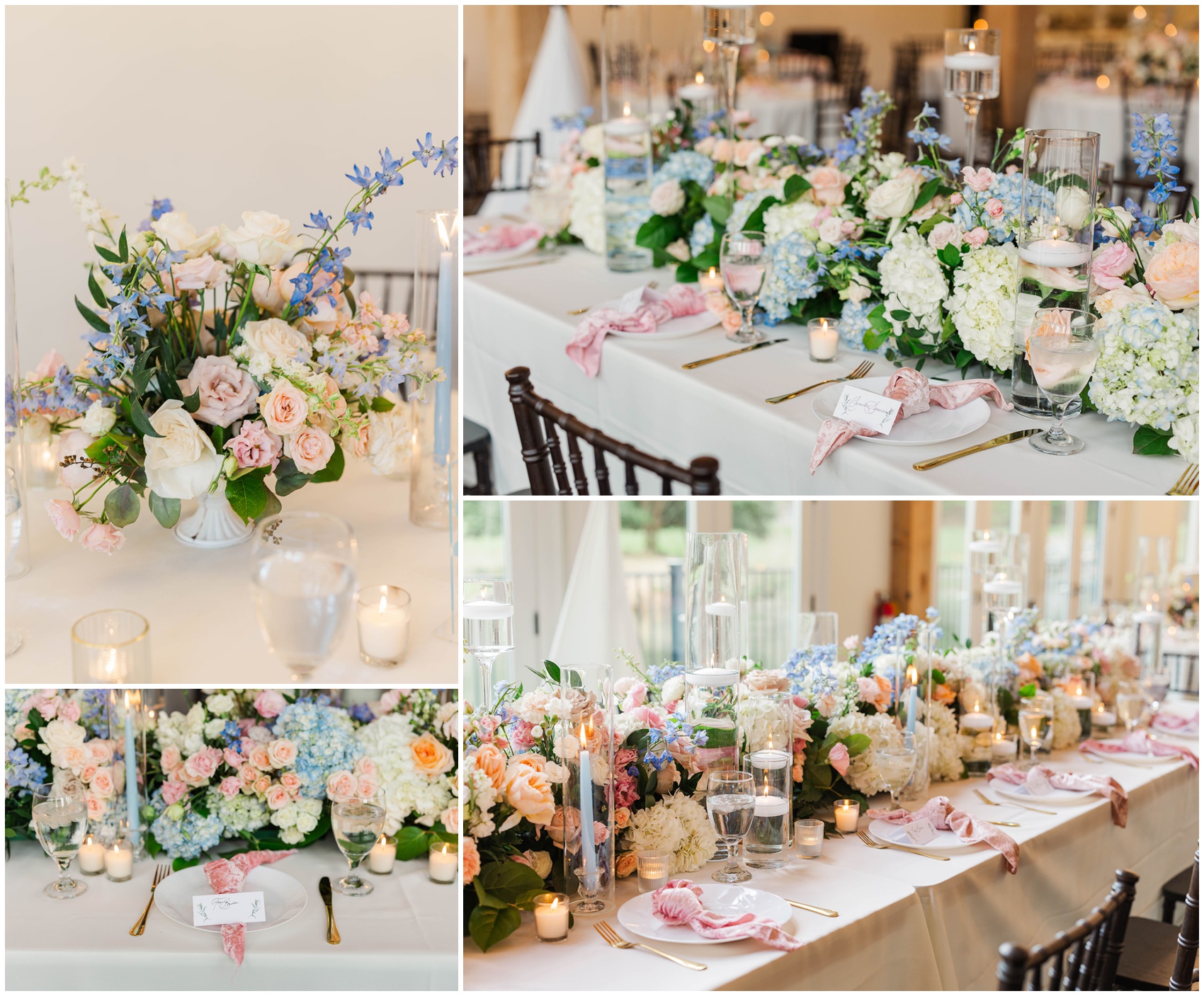 Details of long floral centerpieces and place settings with pink napkins at a Swan Lake Overlook Wedding reception