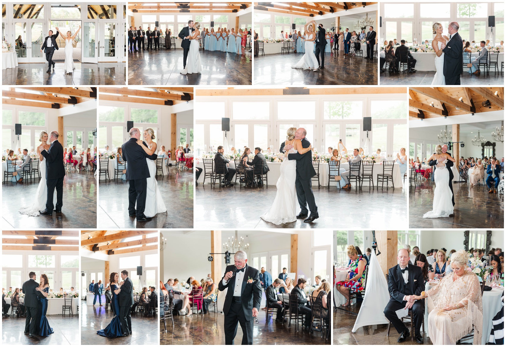 A collection of images from mother and father dances at a Swan Lake Overlook Wedding reception