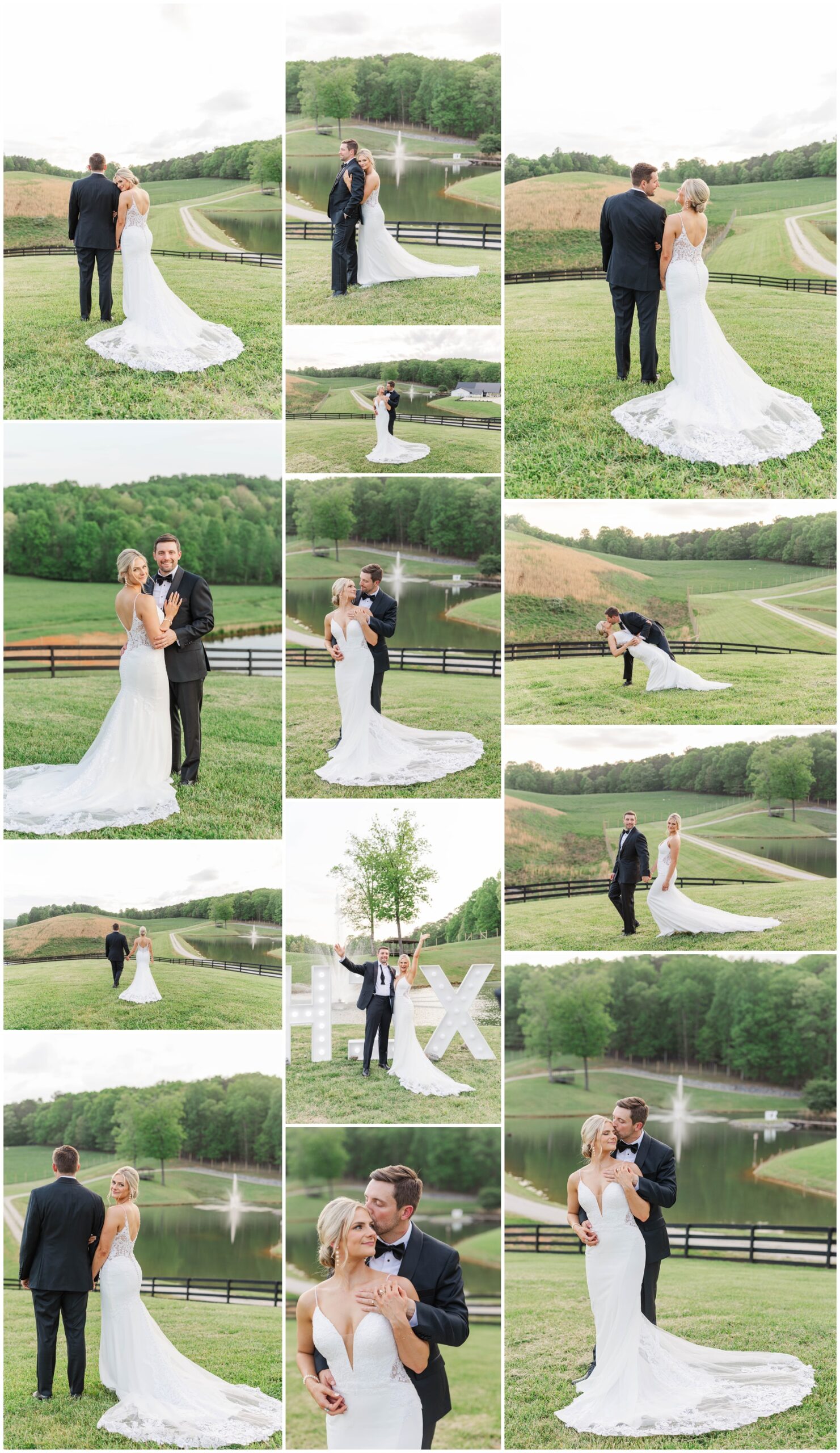 Newlyweds cuddle, kiss, and explore the beautiful grounds overlooking a pond at the Swan Lake Overlook Wedding venue