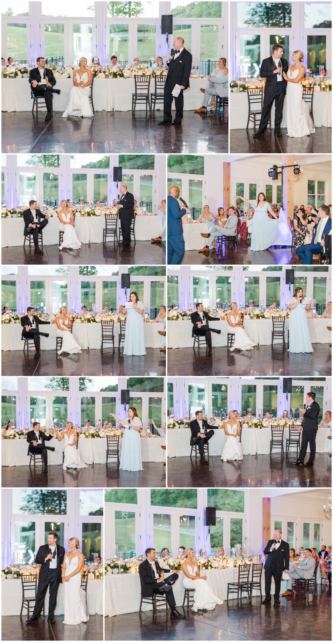 A collage of the bride and groom during toasts at their reception sitting in chairs out front