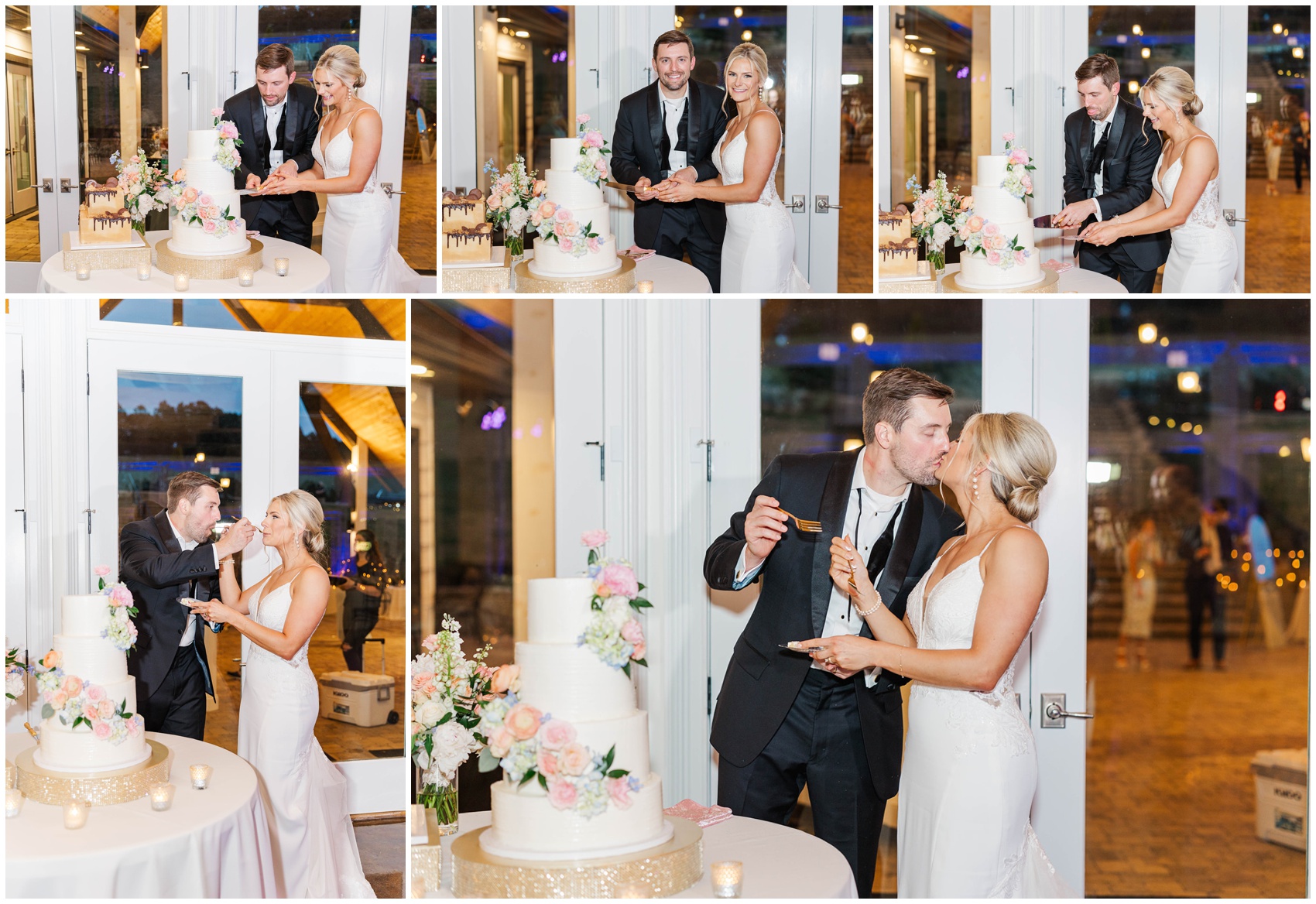 Newlyweds cut their cake and smile together during their reception
