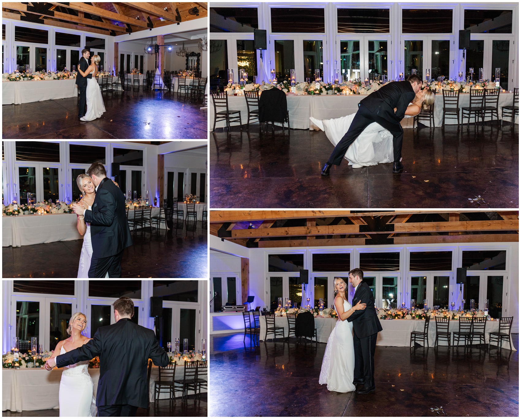 Newlyweds dance in an empty reception space at the end of their Swan Lake Overlook Wedding